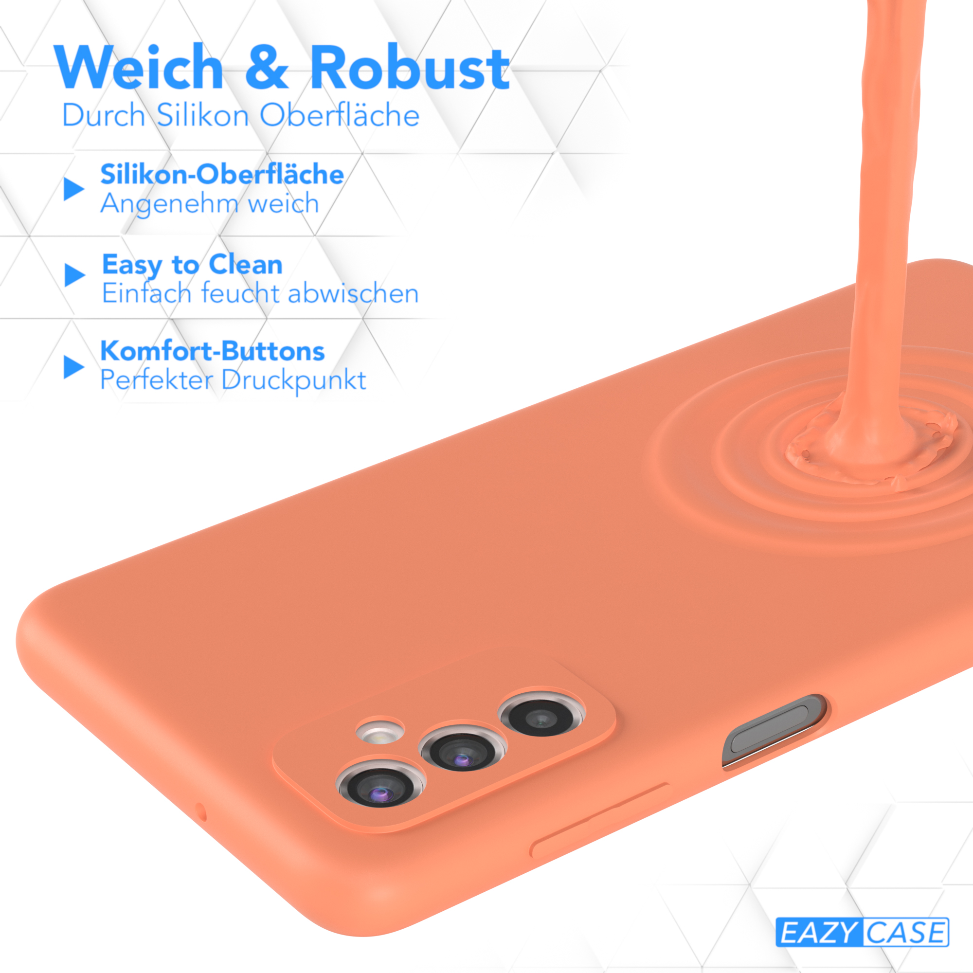 Orange Handyhülle mit Flüssigkeit, die darauf gegossen wird. Text beschreibt Silikonoberfläche, einfache Reinigung und komfortable Knöpfe.