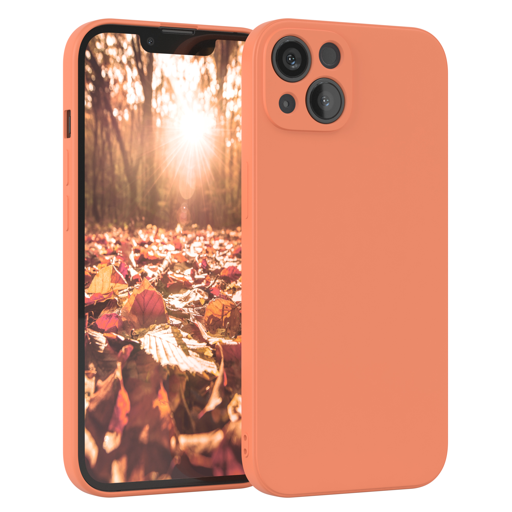 Orangefarbene Handyhülle auf dem Telefon, Waldbild auf dem Bildschirm.