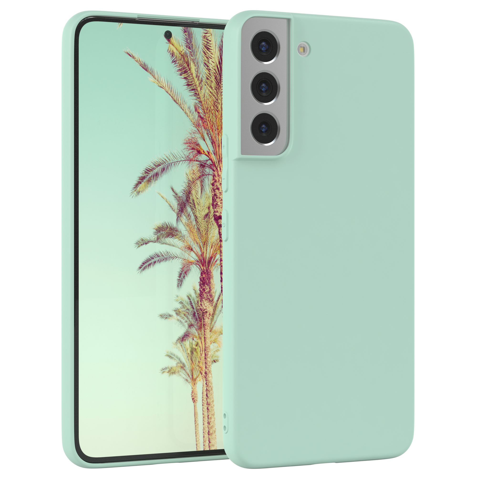 Ein mintgrünes Telefon mit Hülle zeigt eine Palmen-Szene.