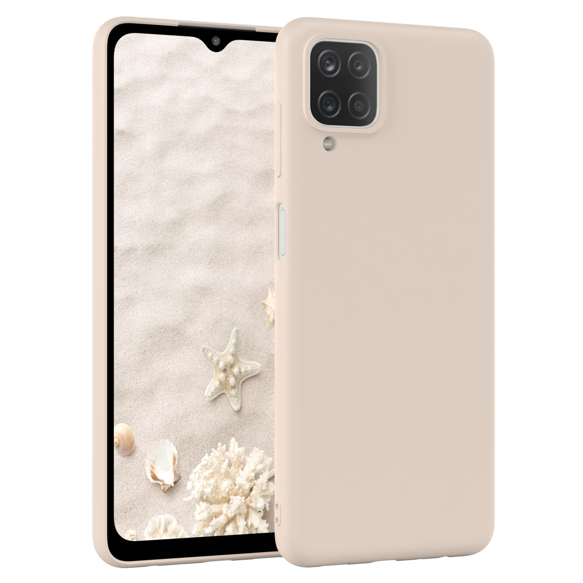 Beige Handyhülle. Das Telefon zeigt Strand mit Muscheln.