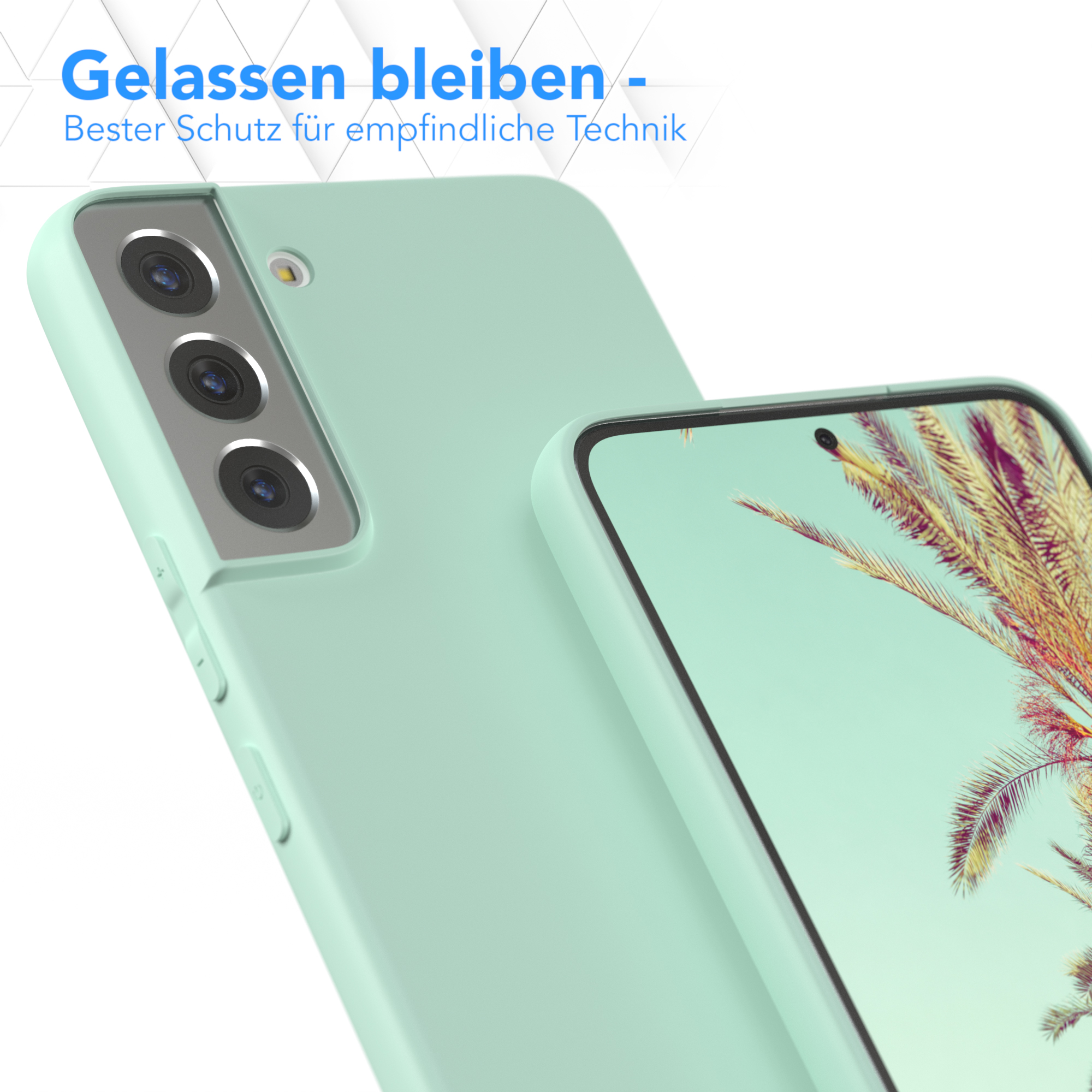 Ein Handycase mit Handy. Beide sind grün. Text sagt 'Gelassen bleiben'.