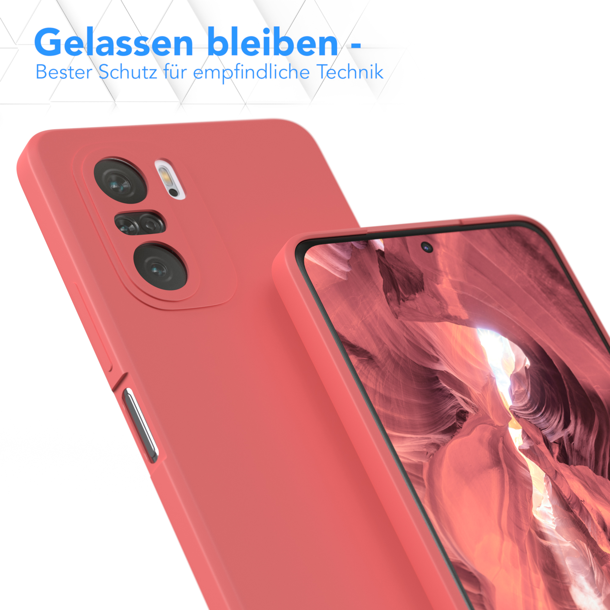 Rote Handyhülle auf einem Telefon mit Bildschirm. Hintergrund verschwommen.