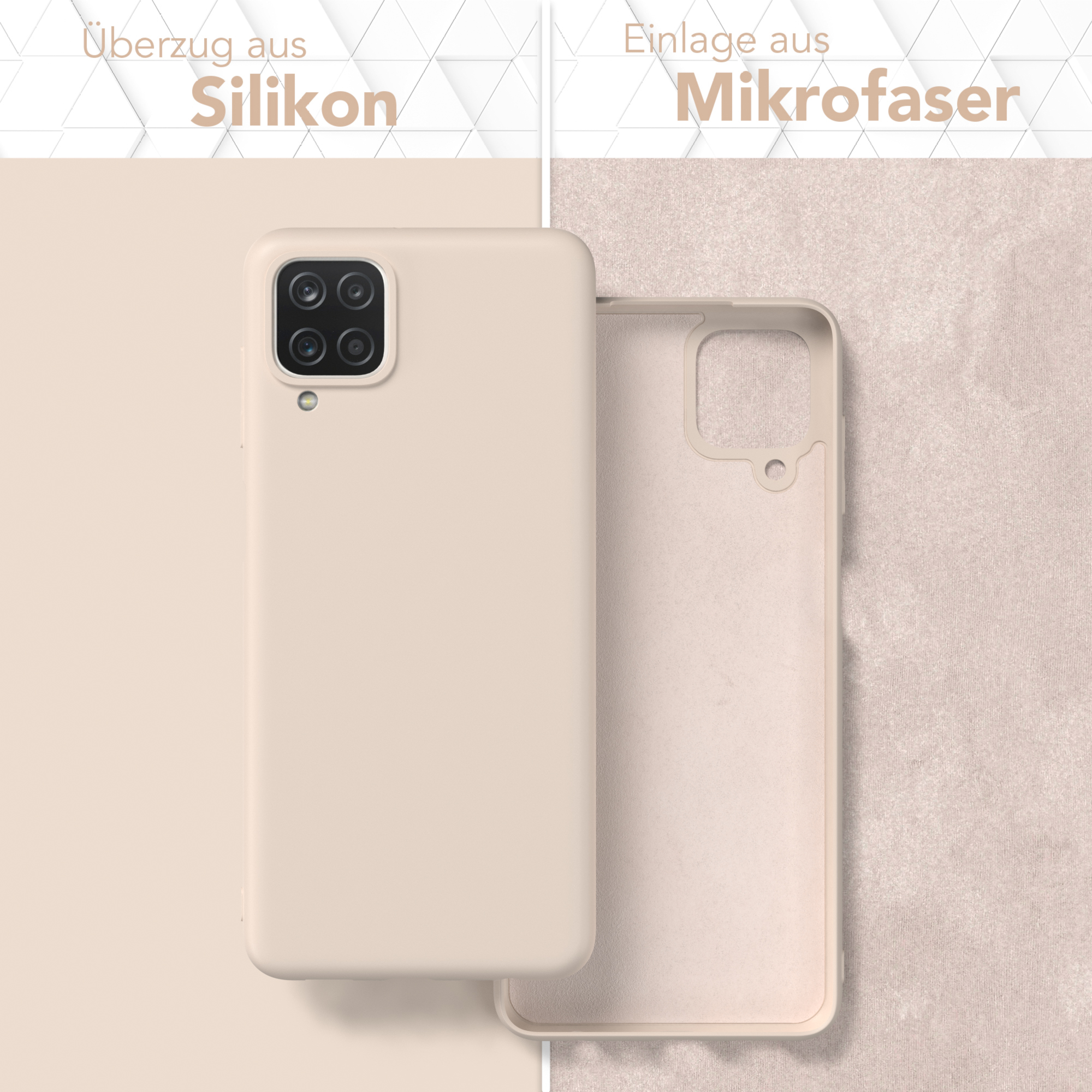 Zwei Handyhüllen, eine offen. Eine Hülle ist beige, die andere innen beige. Der Hintergrund ist beige.