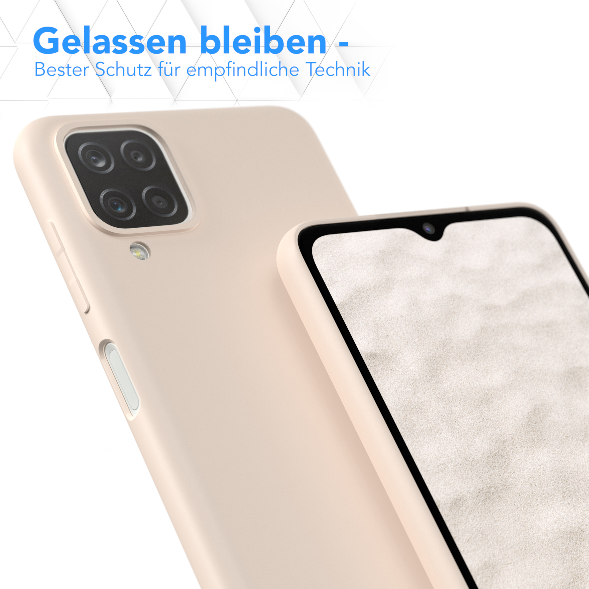 Handyhülle mit Telefon. Text auf Deutsch: 'Gelassen bleiben - Bester Schutz'.