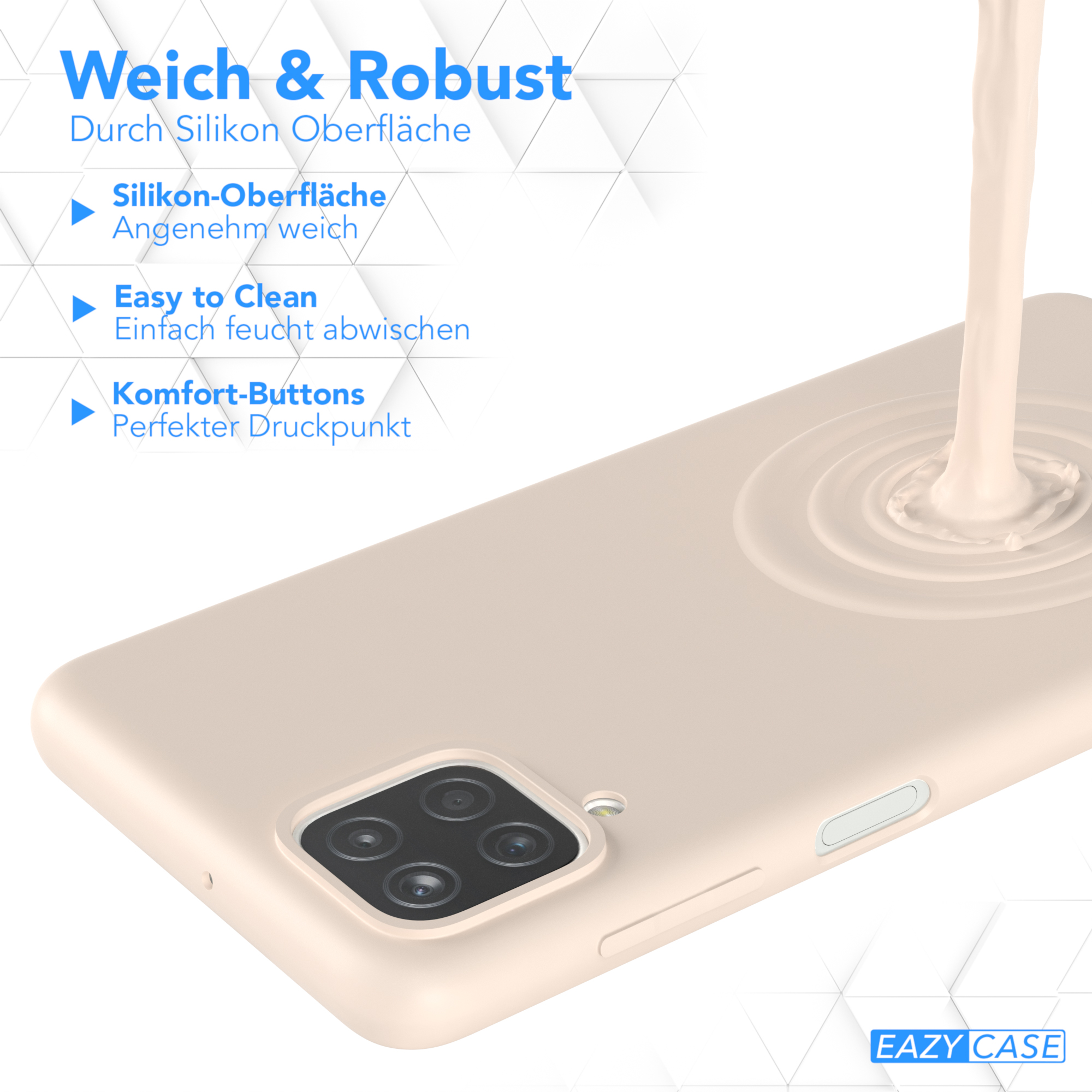 Beige Handyhülle mit Flüssigkeit, die darauf gegossen wird. Text besagt 'Weich & Robust', 'Leicht zu reinigen' und 'Komfort-Tasten'.