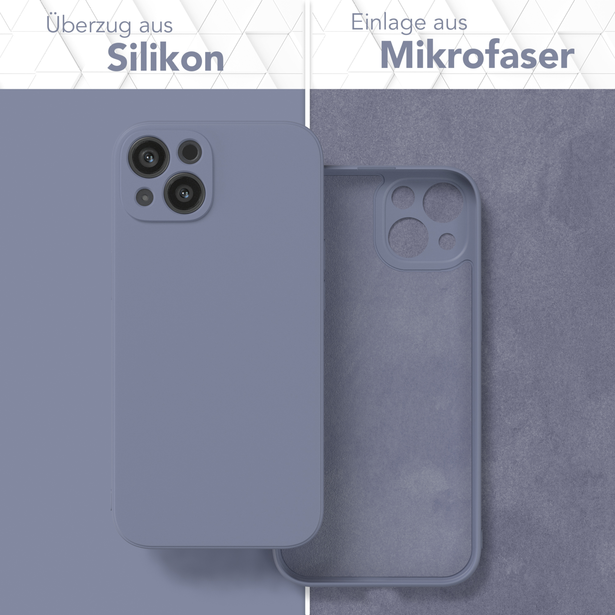 Lila Handyhülle und deren Innenseite. Text sagt Silikon-Außenhülle und Mikrofaser-Futter.