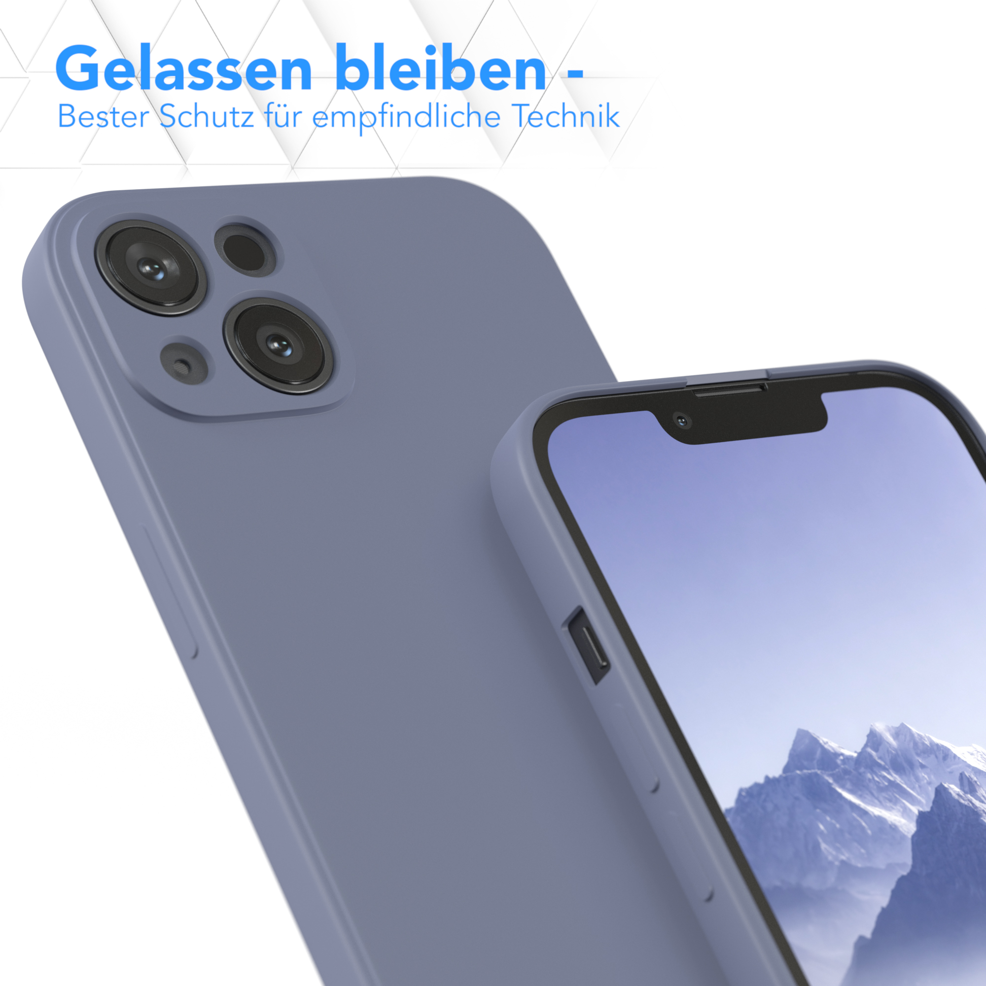 Zwei blaue Handyhüllen, eine zeigt ein Handy mit blauem Himmel im Hintergrund.