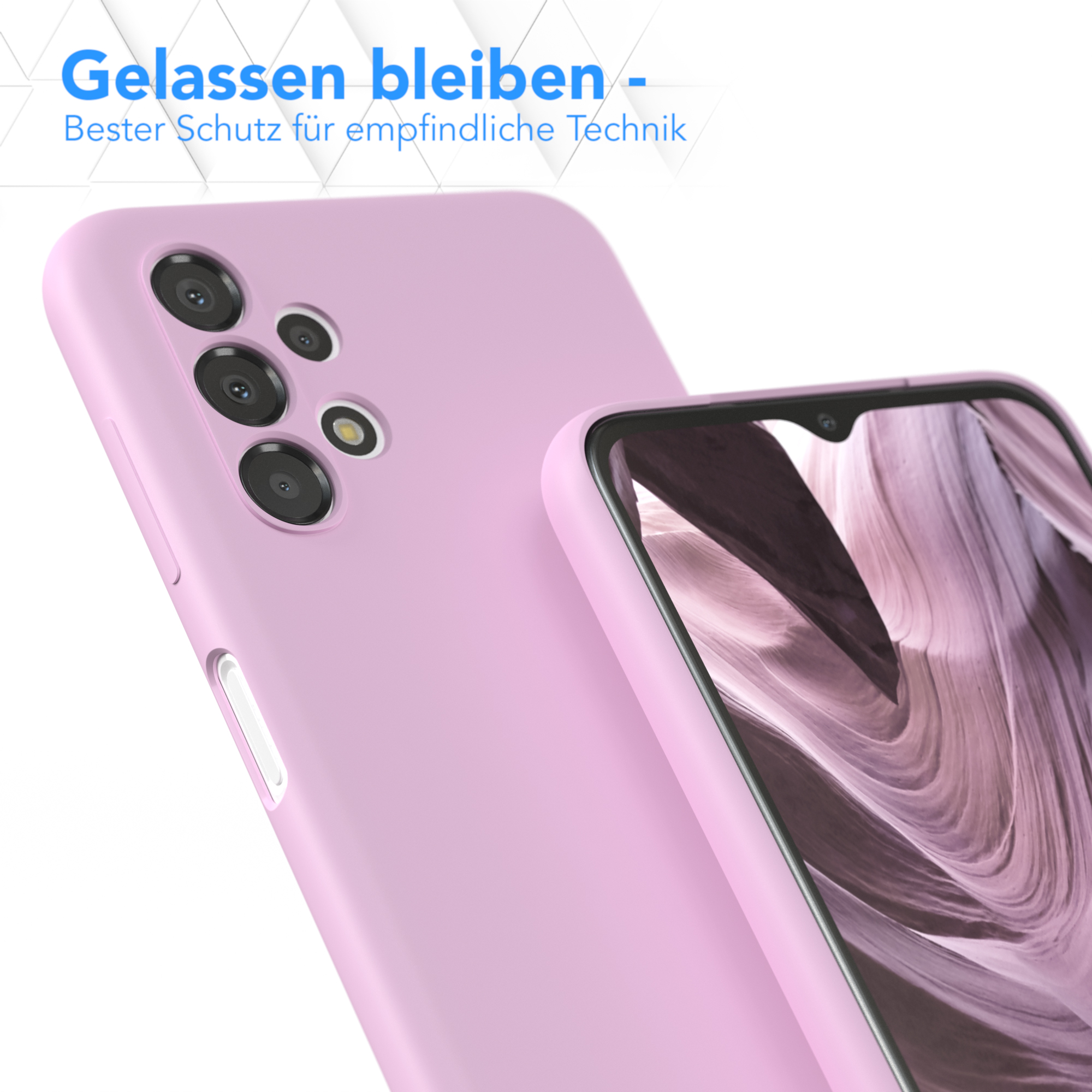 Nahaufnahme einer pinkfarbenen Handyhülle und eines Handys, das seinen Bildschirm zeigt.