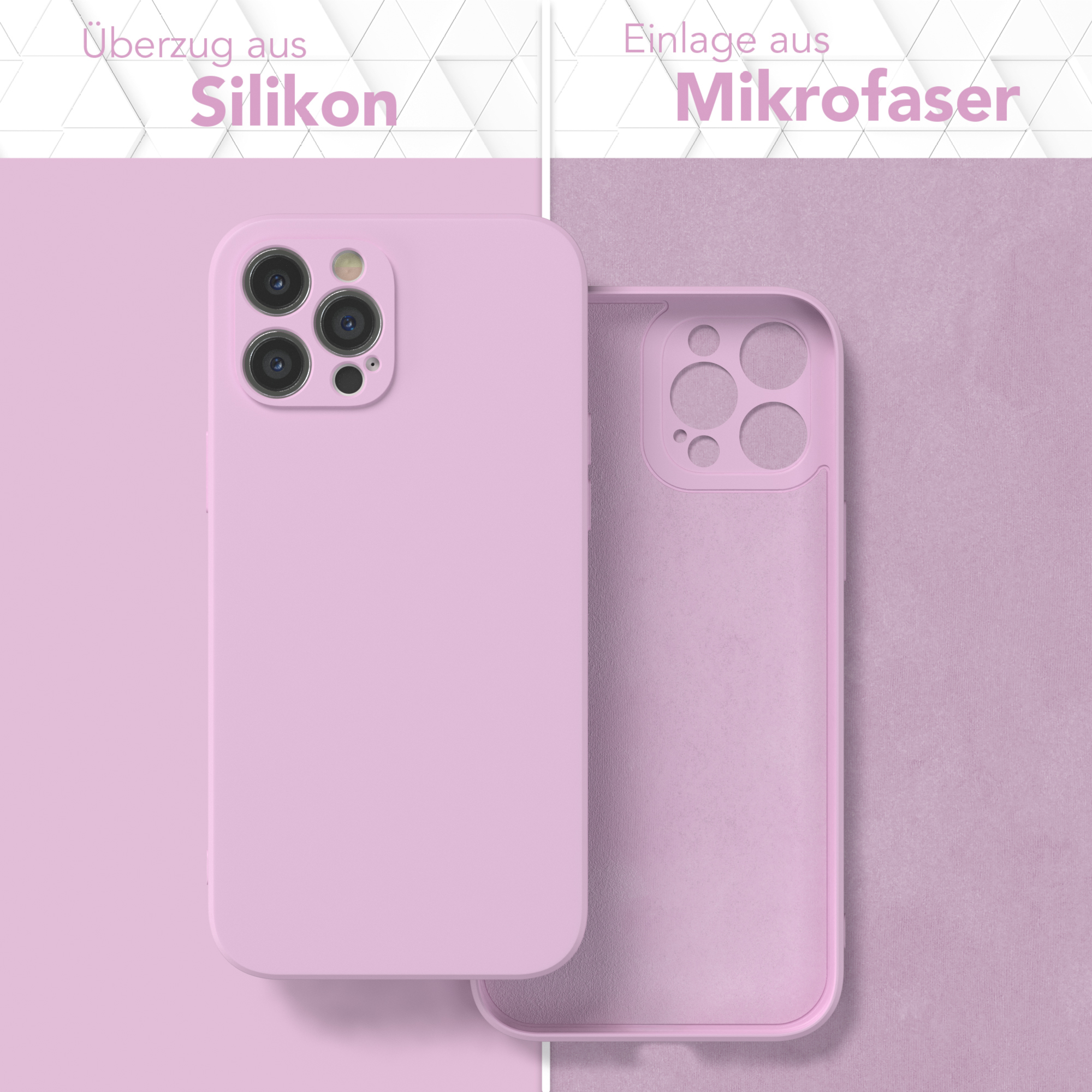 Zwei Handyhüllen nebeneinander: eine pinkfarbene, eine offen, um das Mikrofaserfutter zu zeigen.
