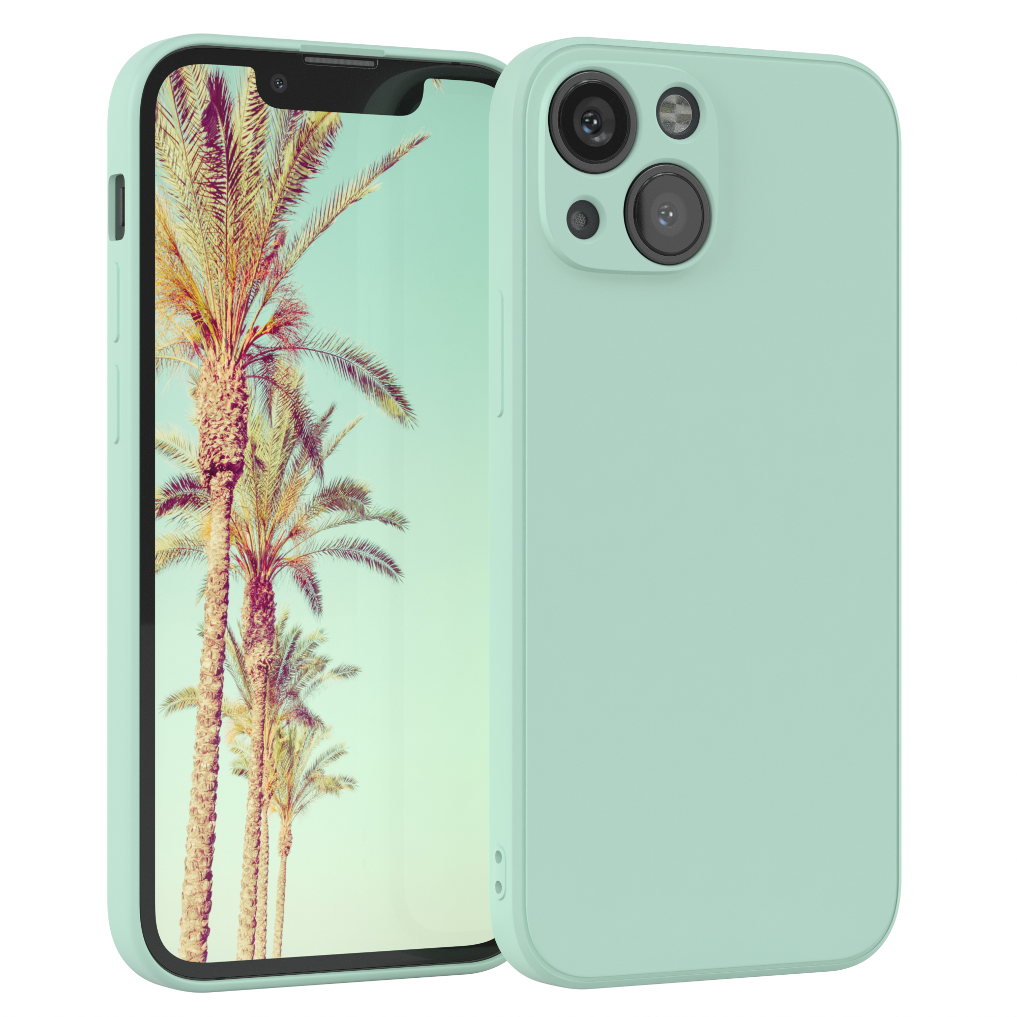 Mintfarbenes Telefon mit Palmenbildschirm. Passende Hülle. Weißer Hintergrund.