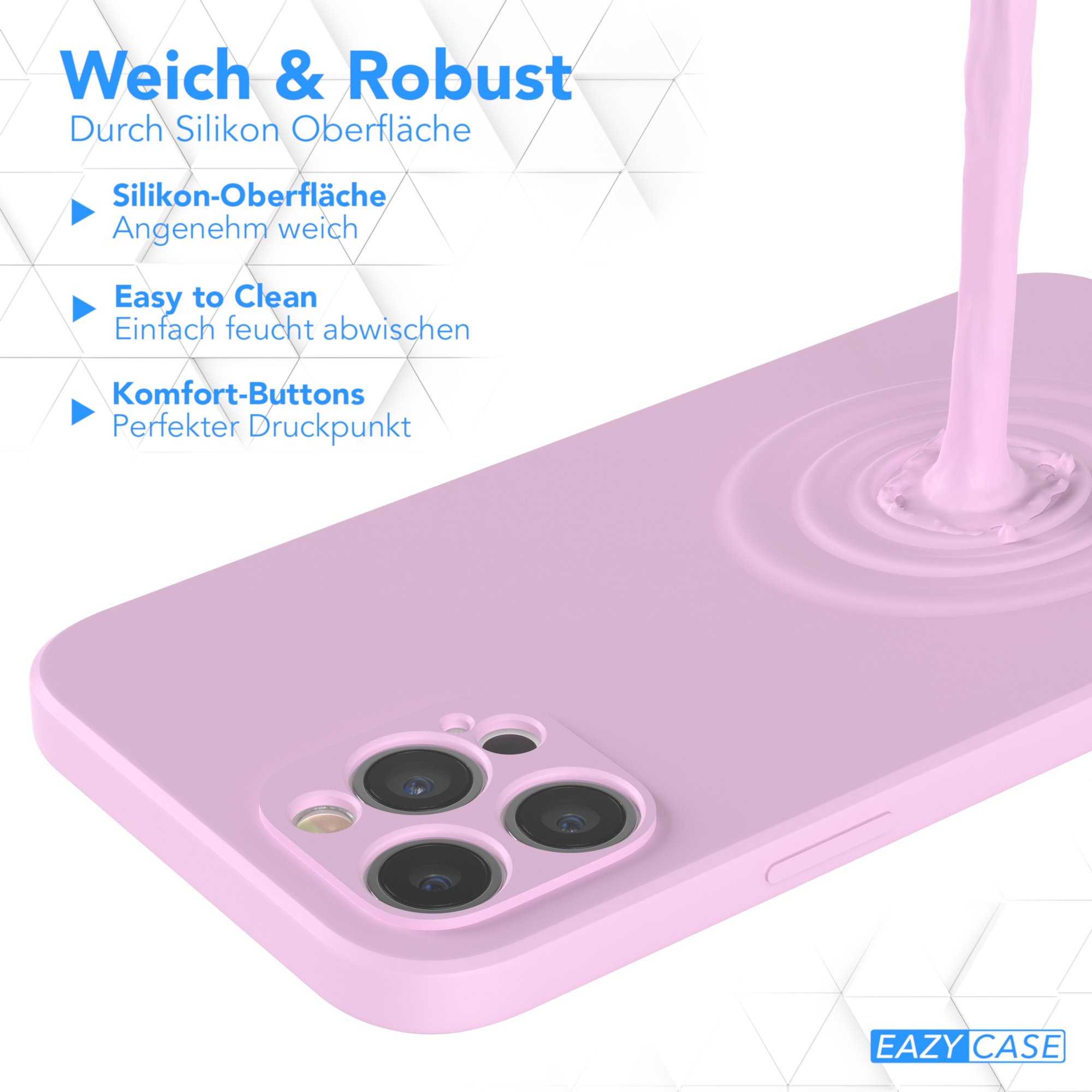 Pinke Handyhülle mit Text: Weich und robust. Silikonoberfläche, leicht zu reinigen, Komfort-Buttons.
