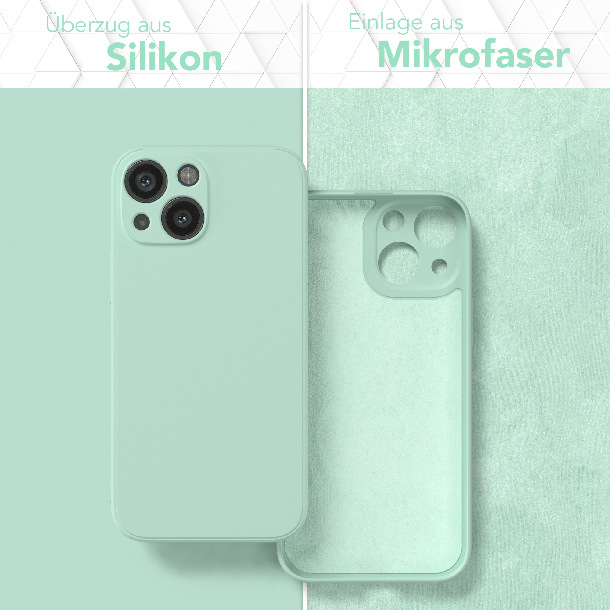 Eine Handyhülle mit Silikonhülle und Mikrofaser-Einsatz, in Mintfarbe.