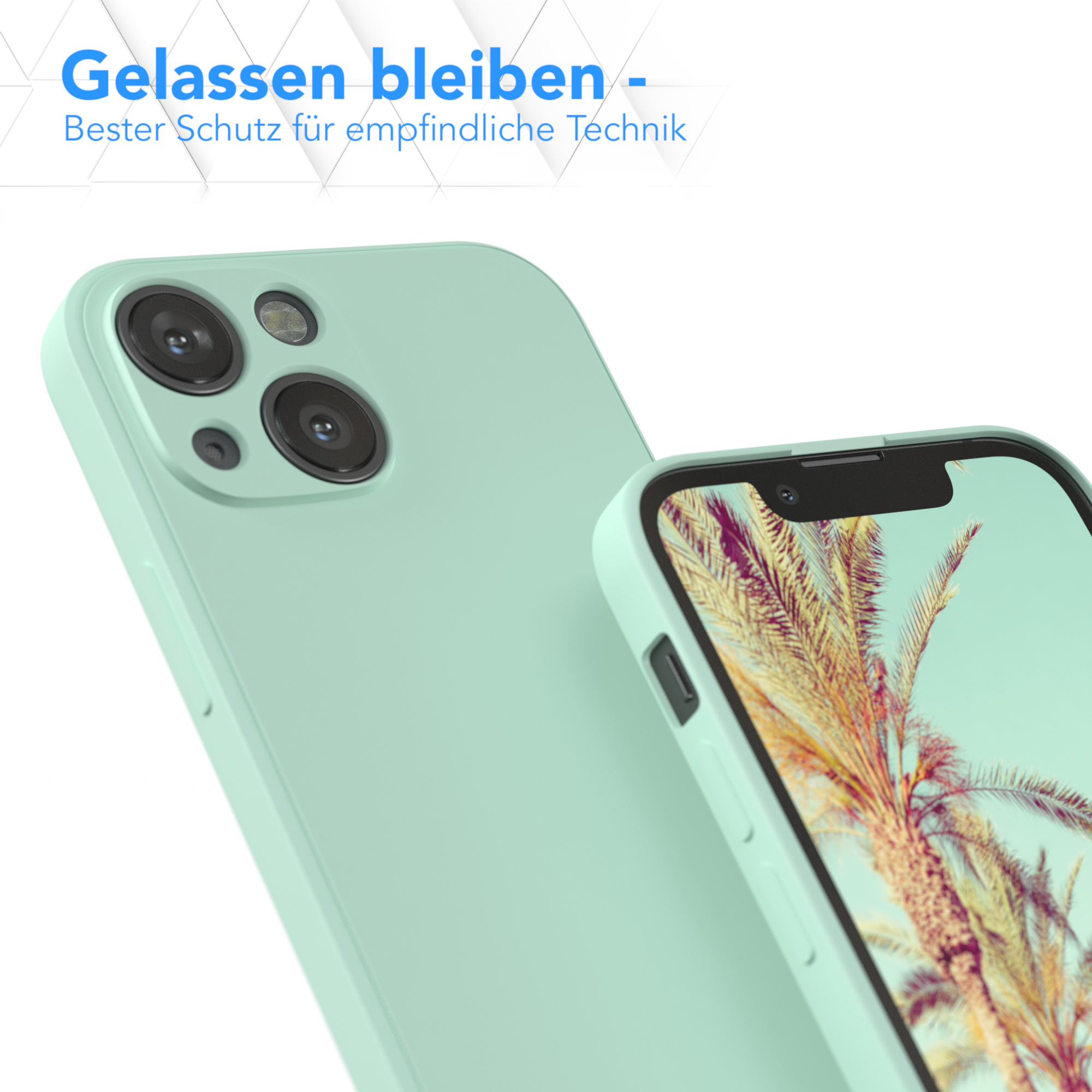 Mintgrüne Handyhülle auf einem Telefon mit Bildschirm. Hintergrund verschwommen.