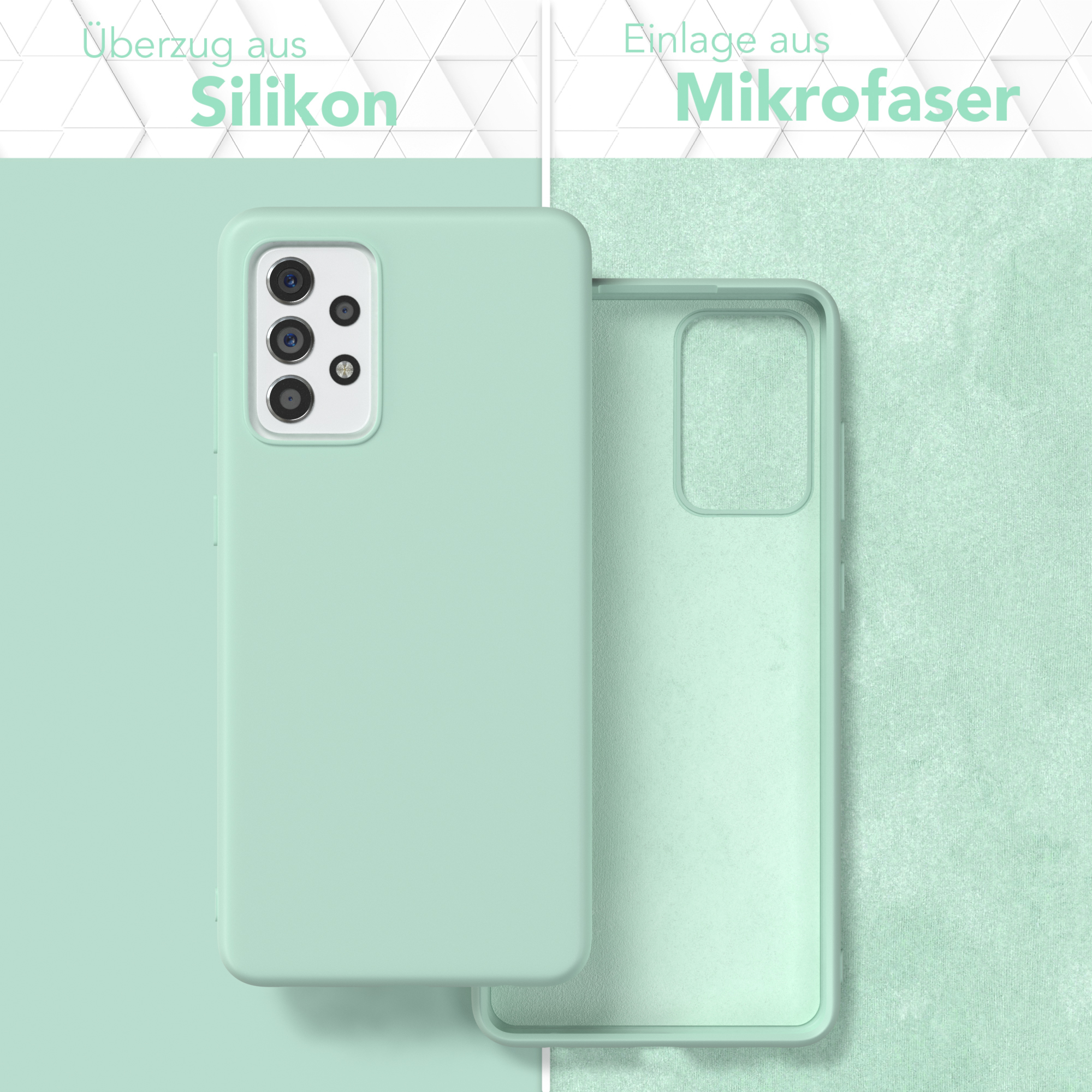 Eine hellgrüne Handyhülle mit einem Telefon darin, das die innere Mikrofaser zeigt.