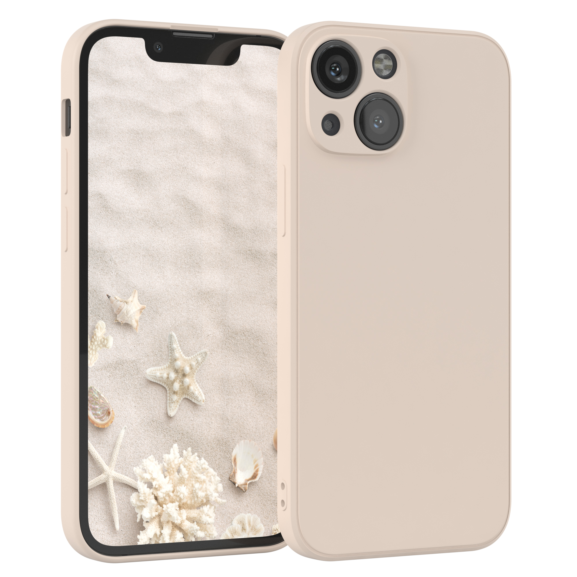 Ein beiges Telefon mit Hülle wird gezeigt. Der Hintergrund ist eine Strandszene.