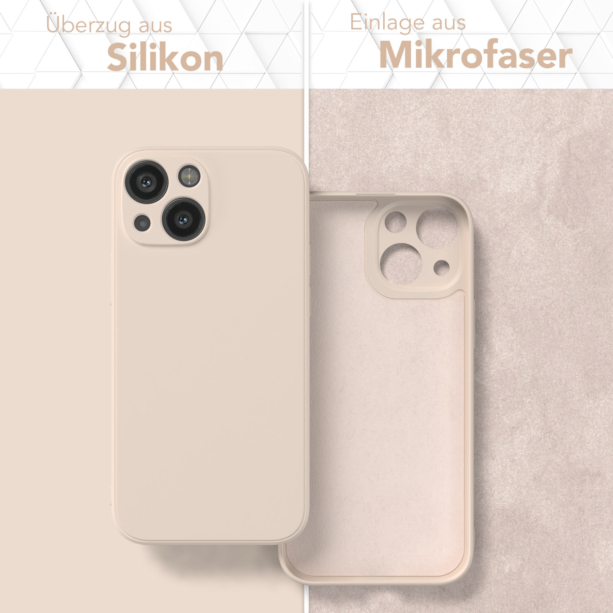 Zwei Handyhüllen werden gezeigt. Eine auf einem Telefon, eine leer, auf beigem Hintergrund.