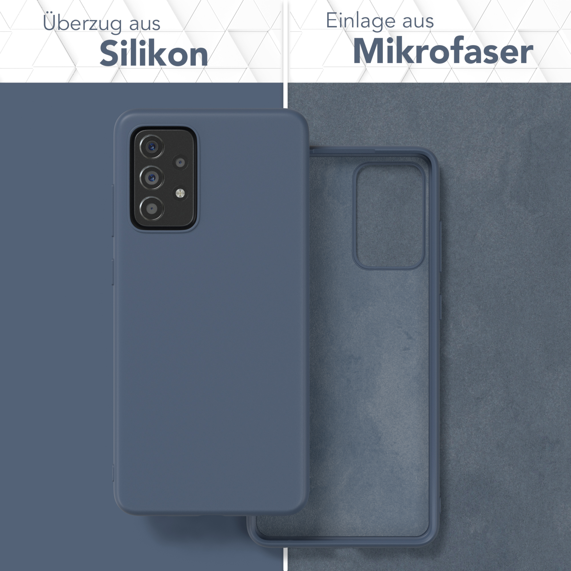 Blaue Handyhülle und Mikrofaser-Einsatz, Text: Überzug aus Silikon, Einlage aus Mikrofaser.