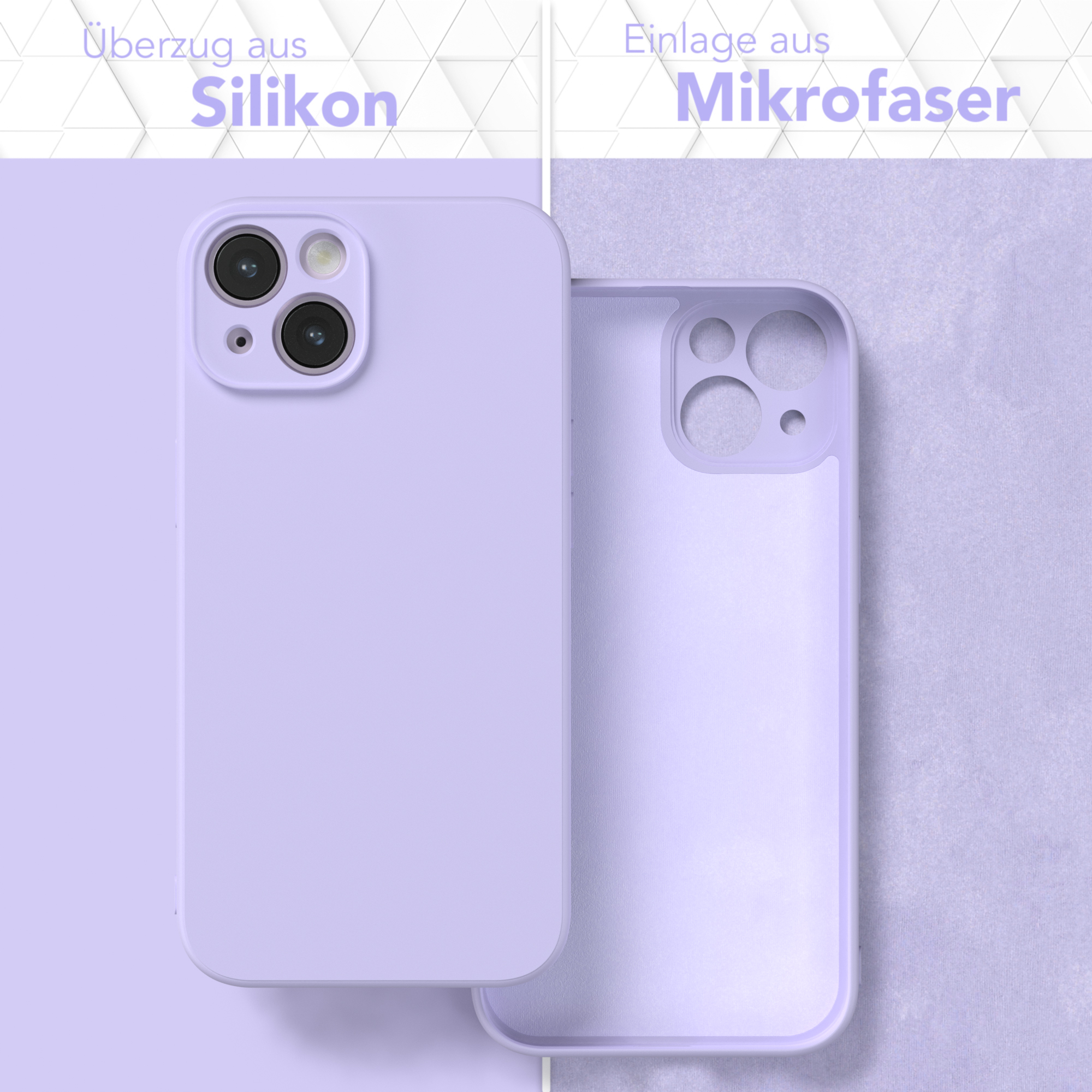 Eine lila Handyhülle, offen, mit Innenansicht. Text links zeigt Silikon, rechts Mikrofaser.