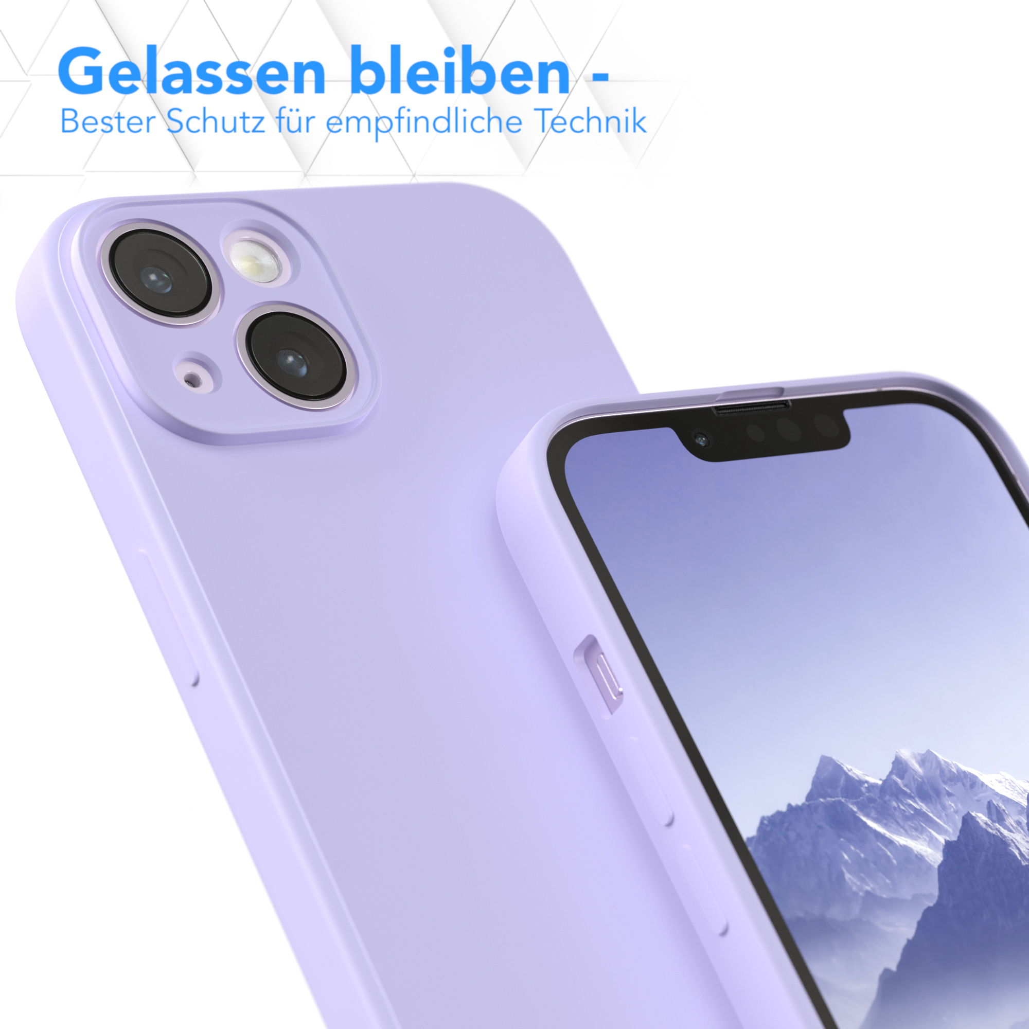 Nahaufnahme von Telefon und Hülle in Lila. Text auf Deutsch.