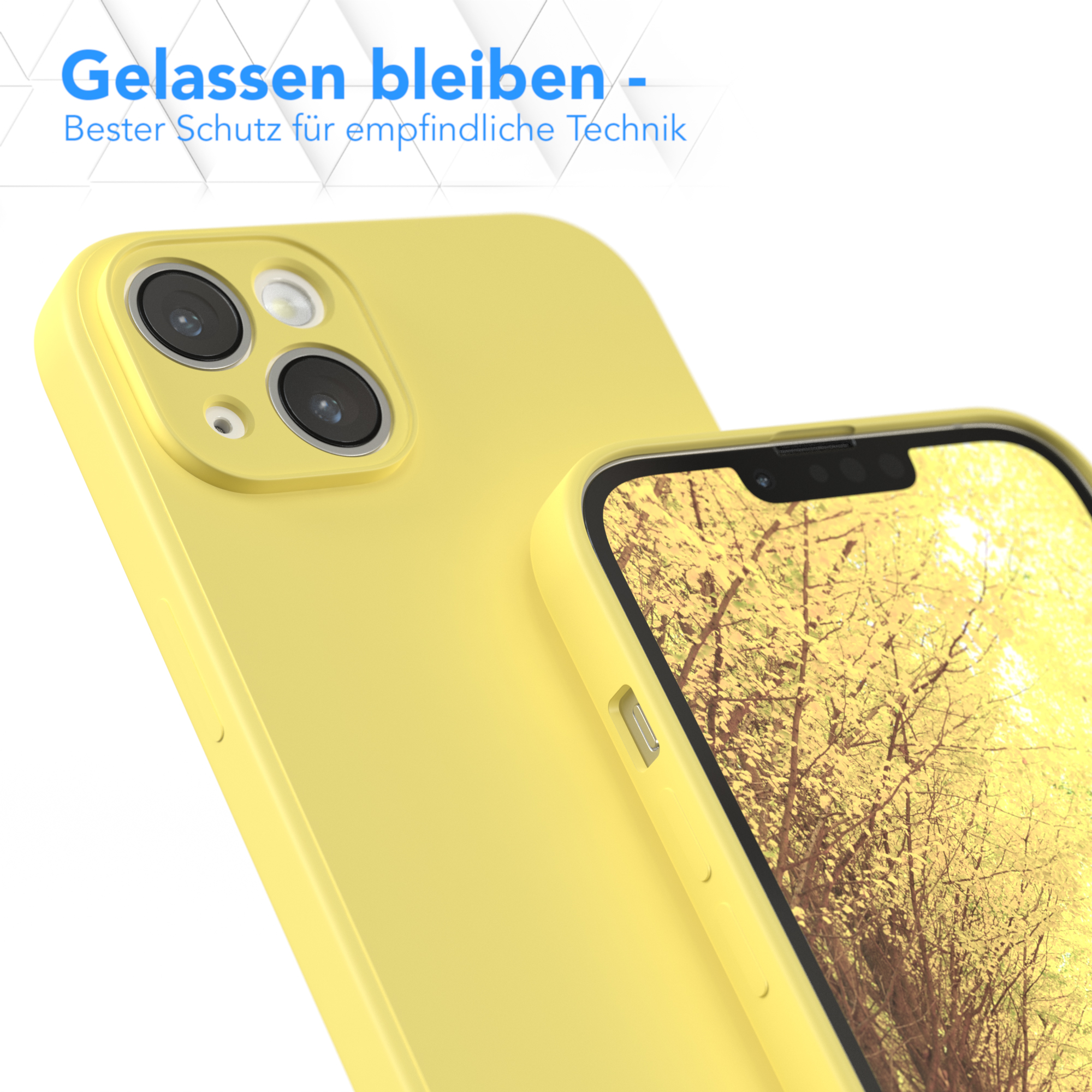 Nahaufnahme einer gelben Handyhülle. Die Rückseite der Hülle links, die Innenseite rechts.