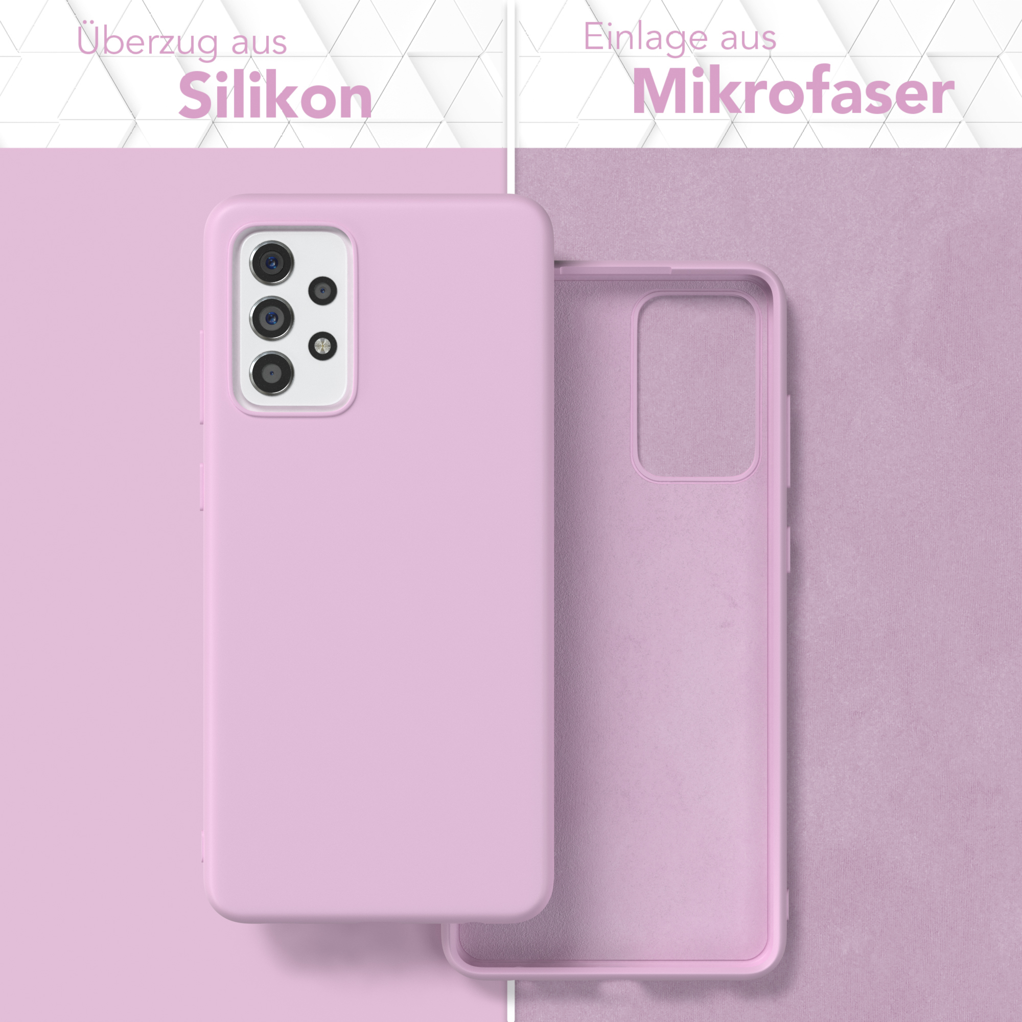 Rosa Handyhüllen-Set. Eine Seite rosa, die andere hellrosa. Oben steht Silikon und Mikrofaser.