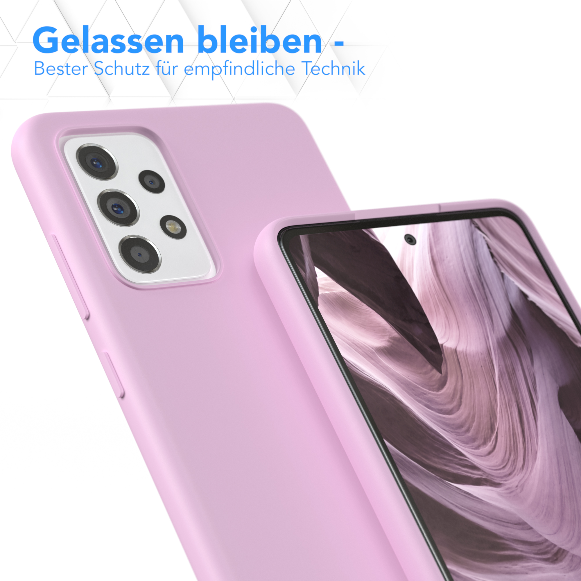 Eine rosa Handyhülle mit einem Telefon darin, das einen Bildschirm zeigt.