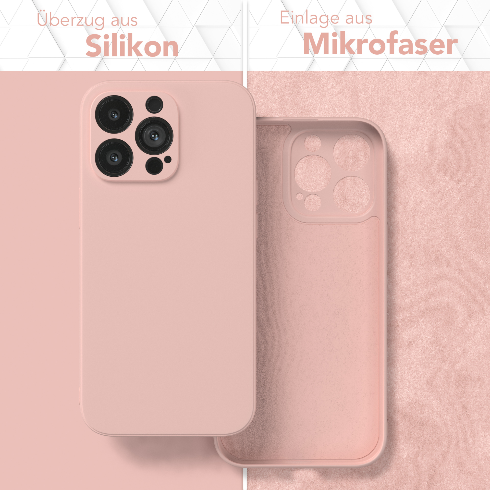 Rosa Handyhülle mit Telefon links und Innenseite der Hülle rechts.