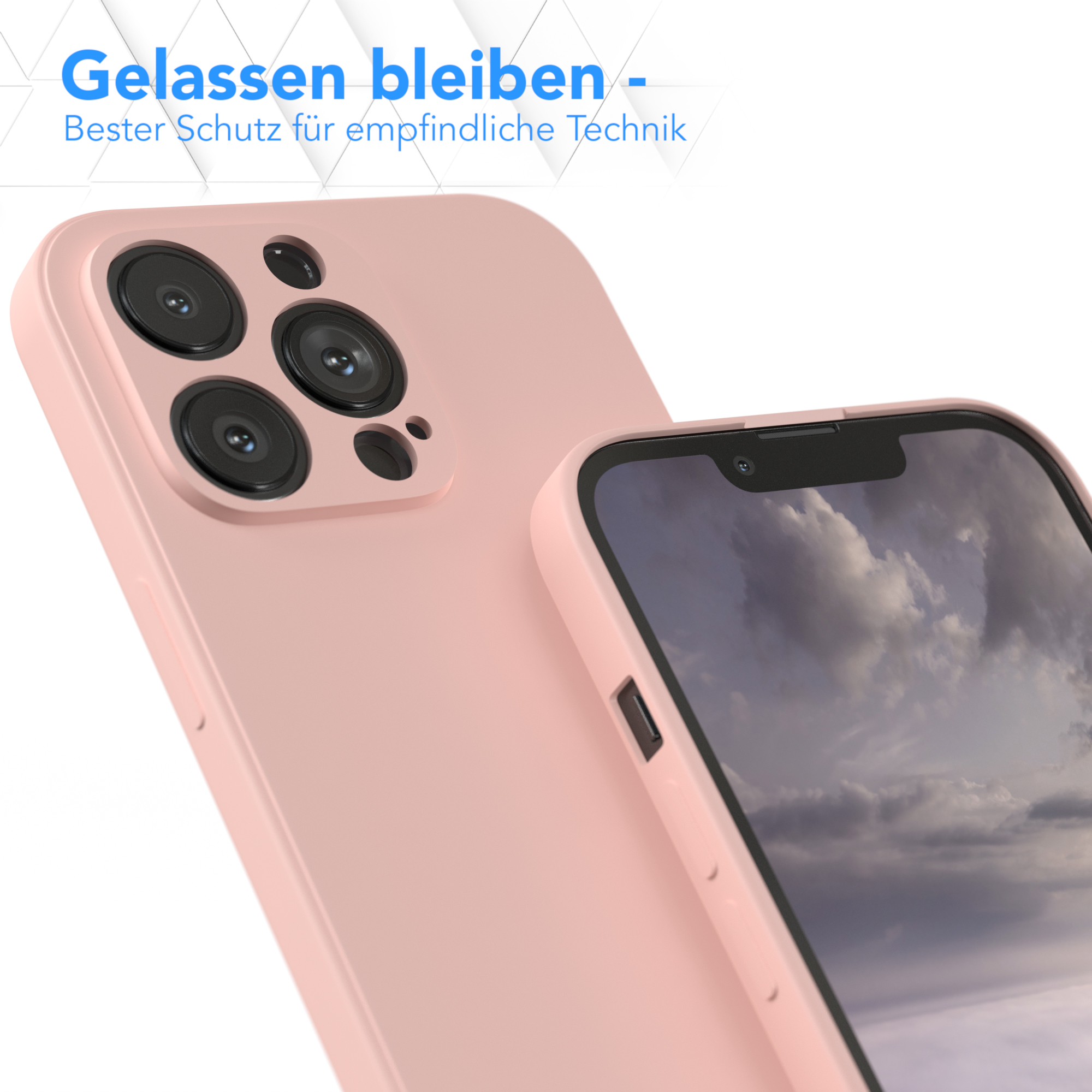 Rosa Handyhülle mit Kameraausschnitten. Ein Handy mit Landschaftsbild im Hintergrund.