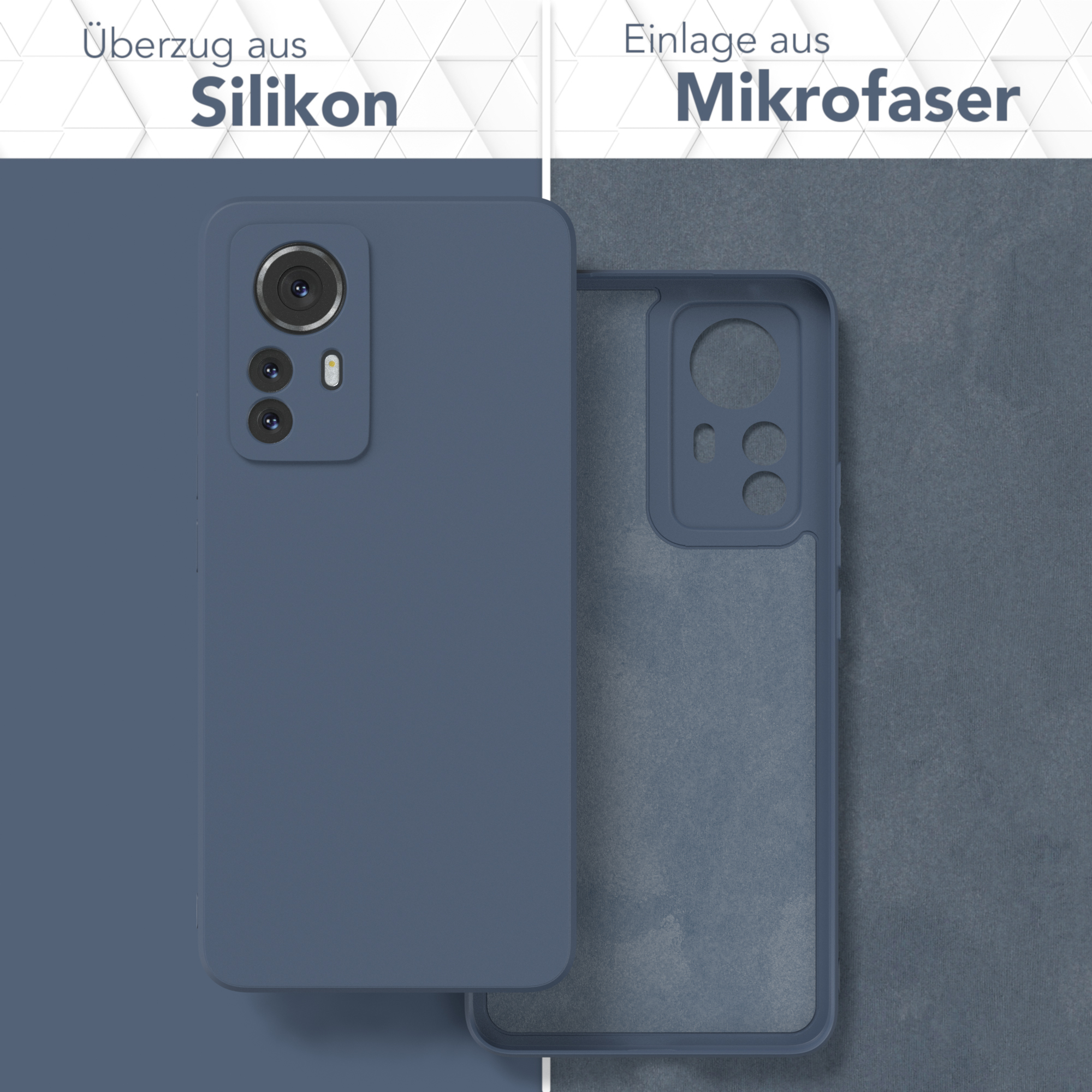 Zwei Handyhüllen werden gezeigt. Eine blaue, eine offen, die das Innere zeigt. Text oben.