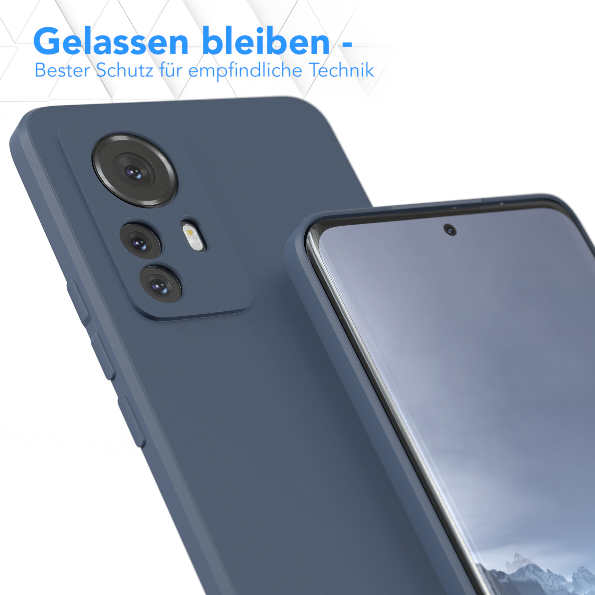 Blaue Handyhülle, Telefon innen. Text: Entspannt bleiben, bester Schutz für empfindliche Technik. Blauer Hintergrund.