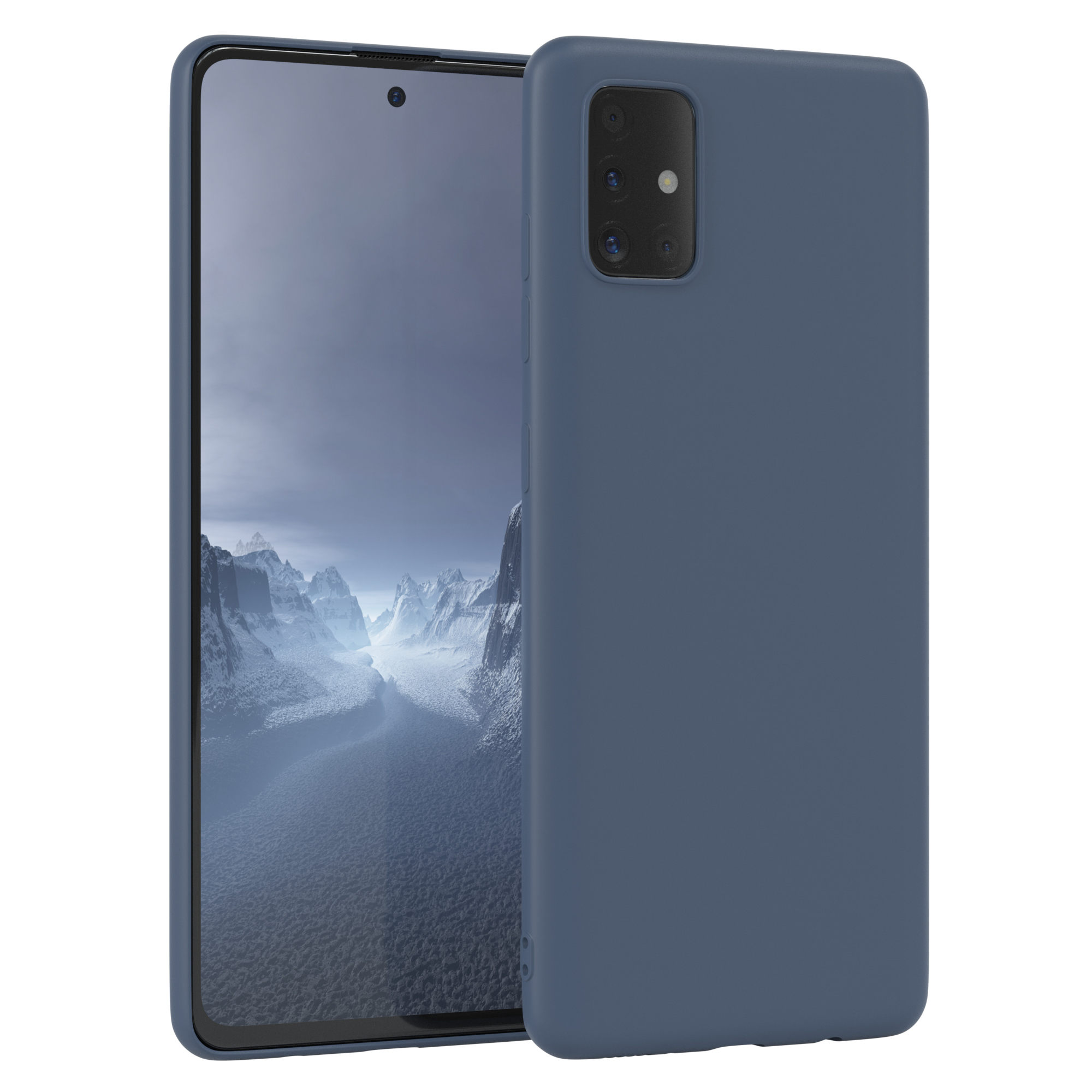 Dunkelblaue Handyhülle. Telefon zeigt Kamera. Hintergrund: weiß.
