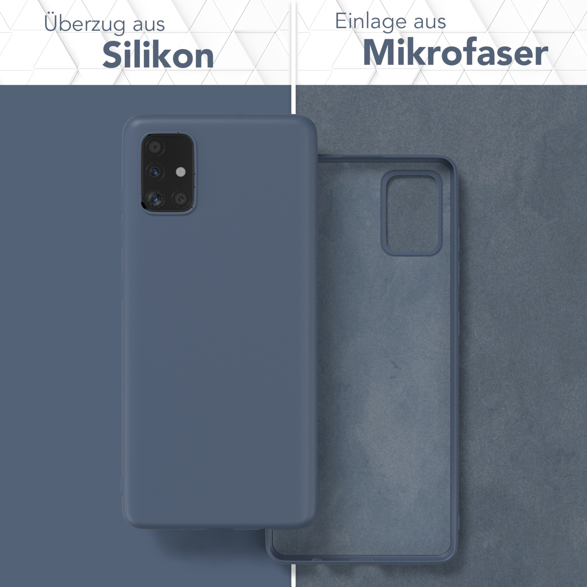 Zweiteilige Handyhülle, blau außen, grau innen. Text sagt 'Silikon' und 'Mikrofaser'.