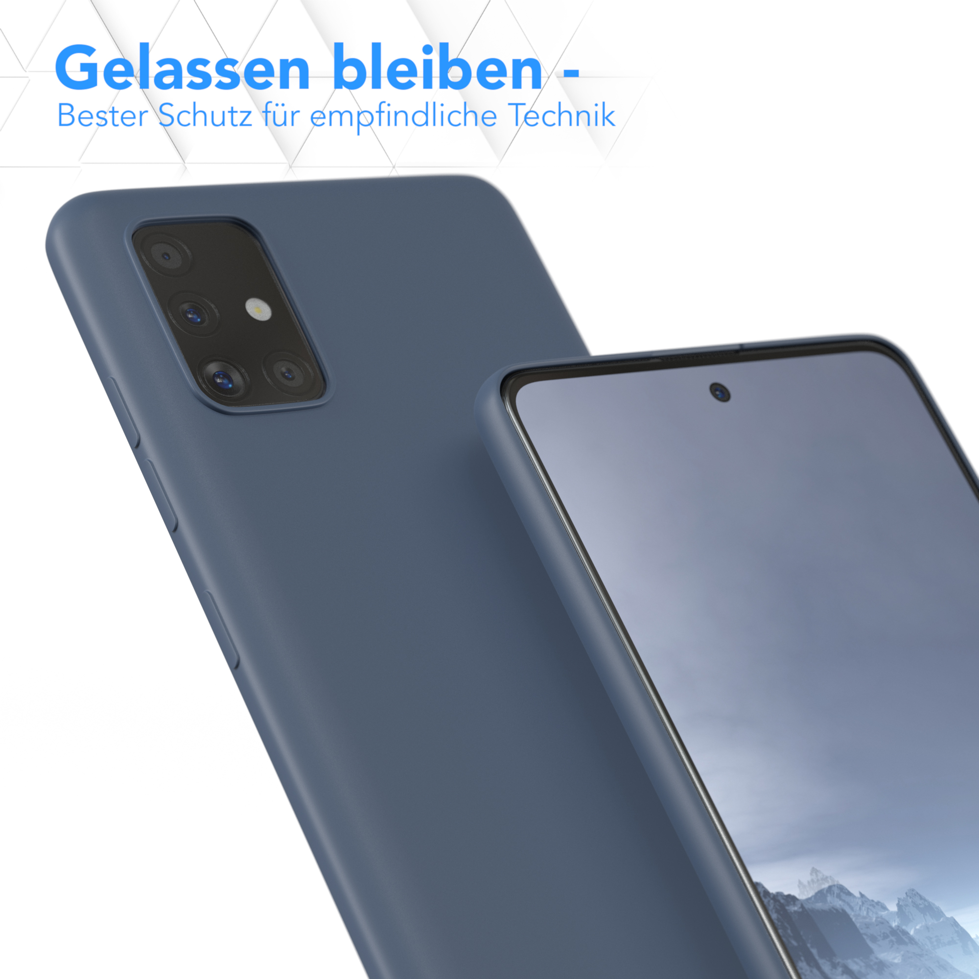 Zwei blaue Handyhüllen, eine im Fokus. Text: Bleib ruhig - Bester Schutz für empfindliche Technik.