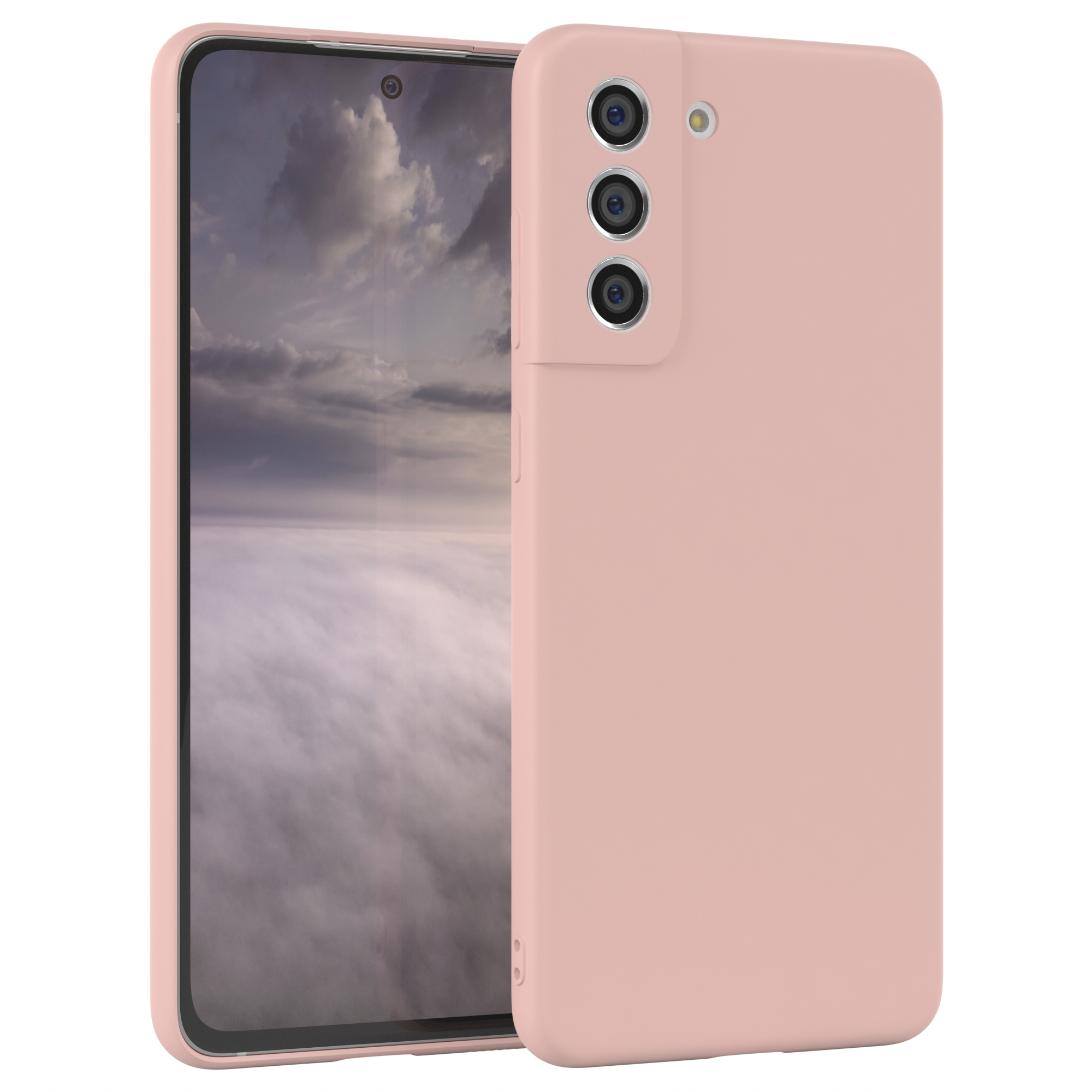 Ein hellrosa Telefon in einer Hülle mit einem Wolkenhimmelbild auf dem Bildschirm.
