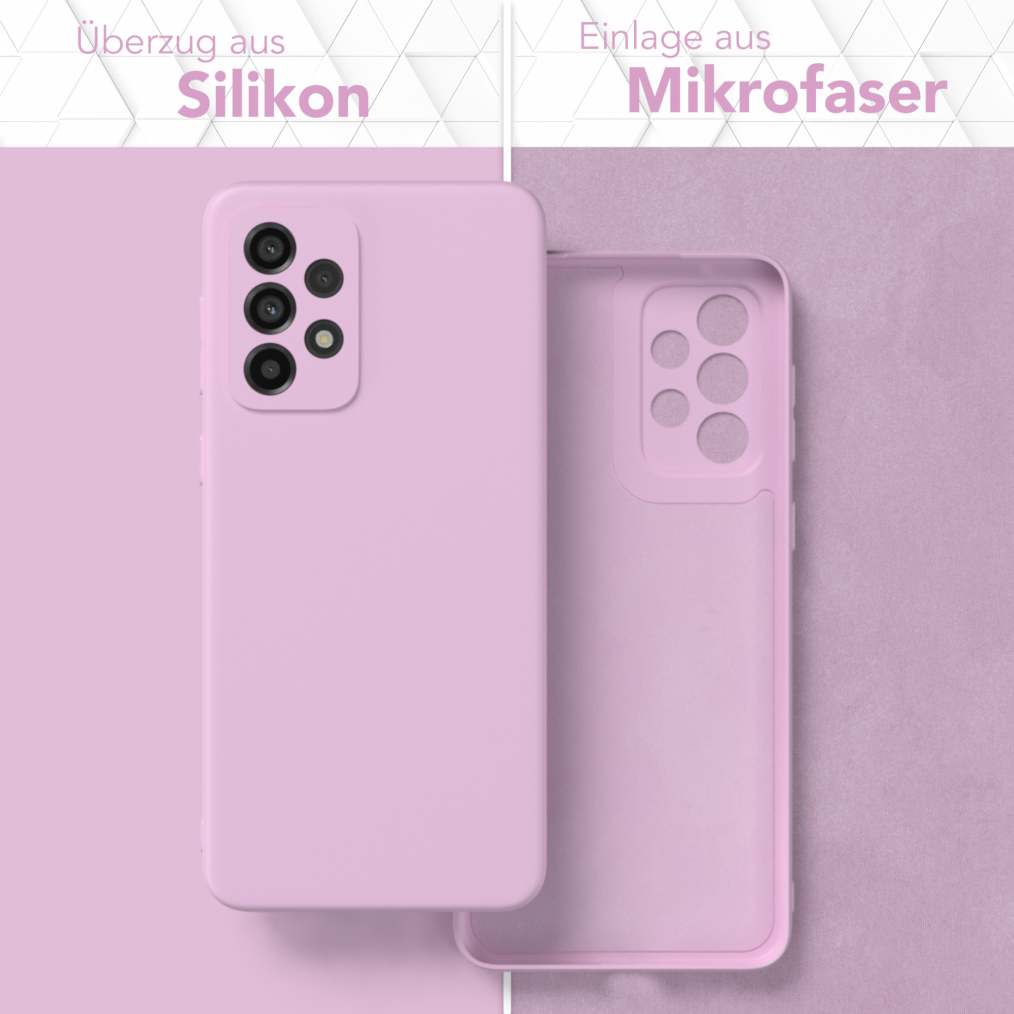 Zwei Handyhüllen werden gezeigt. Eine rosa, eine offen, die das Innere zeigt. Text oben.