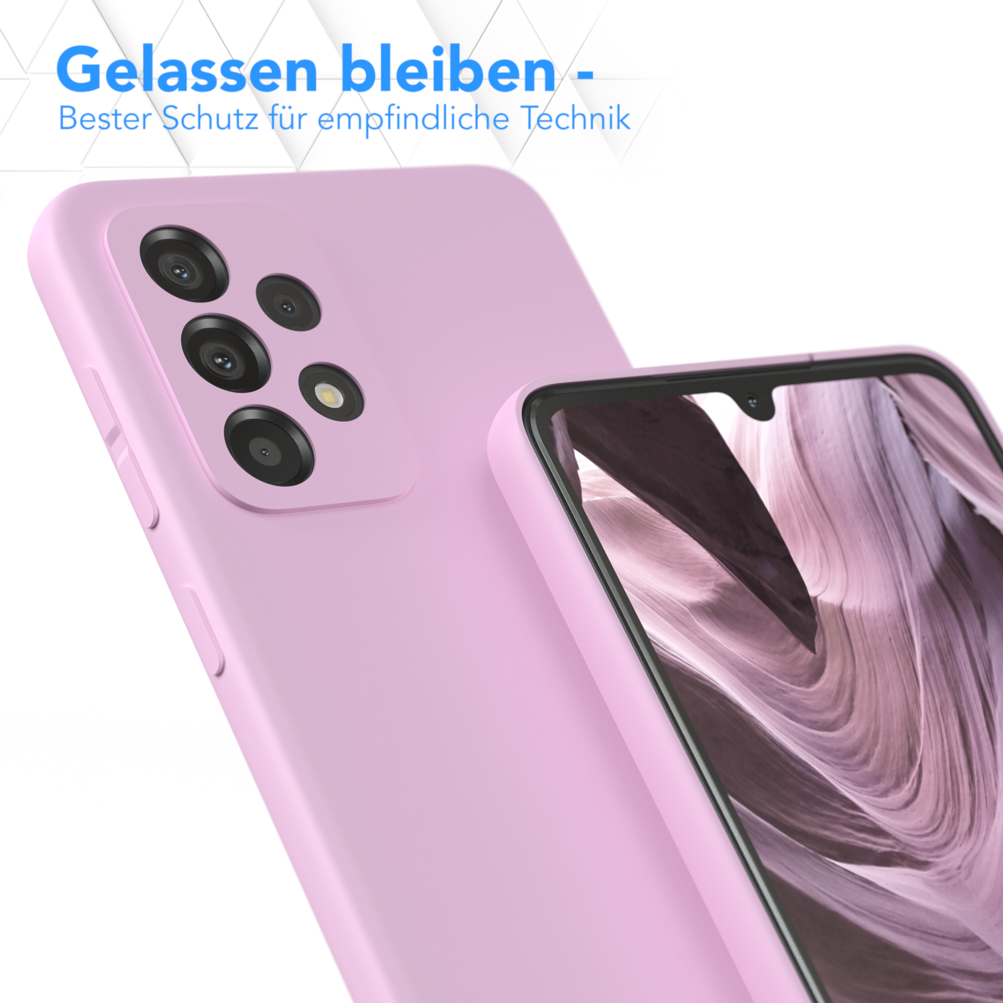 Eine rosa Handyhülle mit einem Telefon darin. Die Handyhülle befindet sich neben einer anderen Handyhülle.
