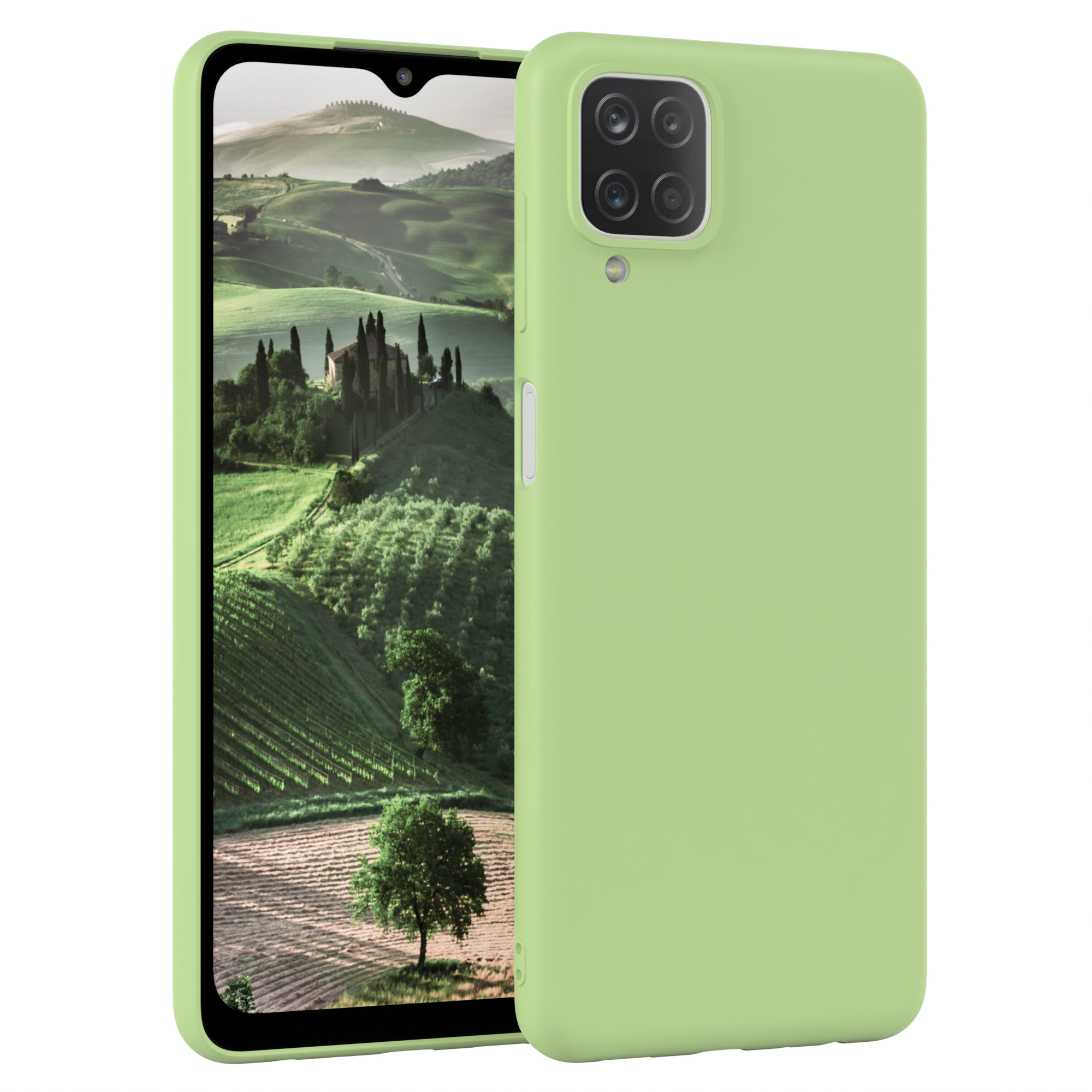 Grünes Telefon in grüner Hülle, zeigt Landschaft. Der Hintergrund ist weiß.