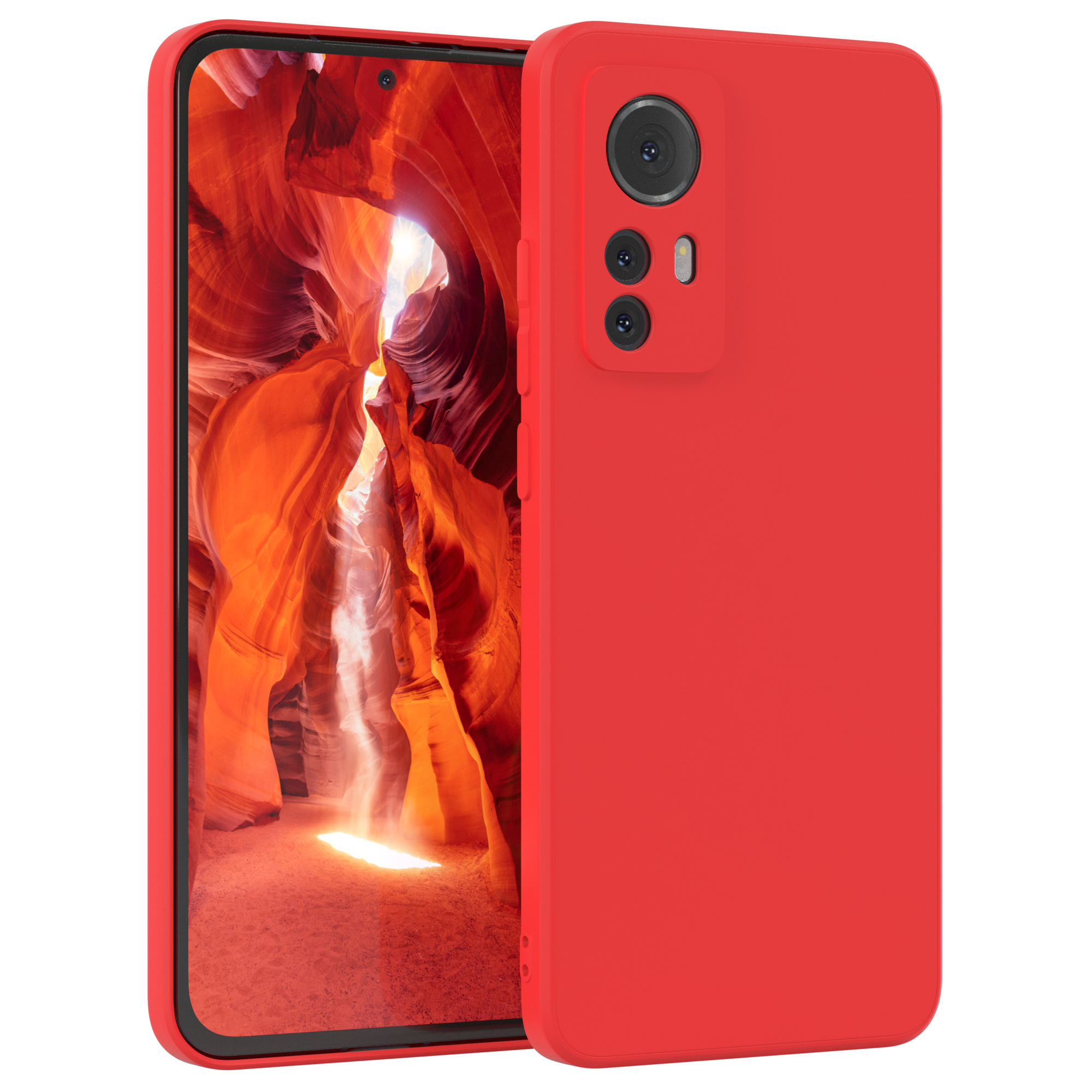 Rotes Telefon im Case. Bildschirm zeigt Felsformationen. Weißer Hintergrund.