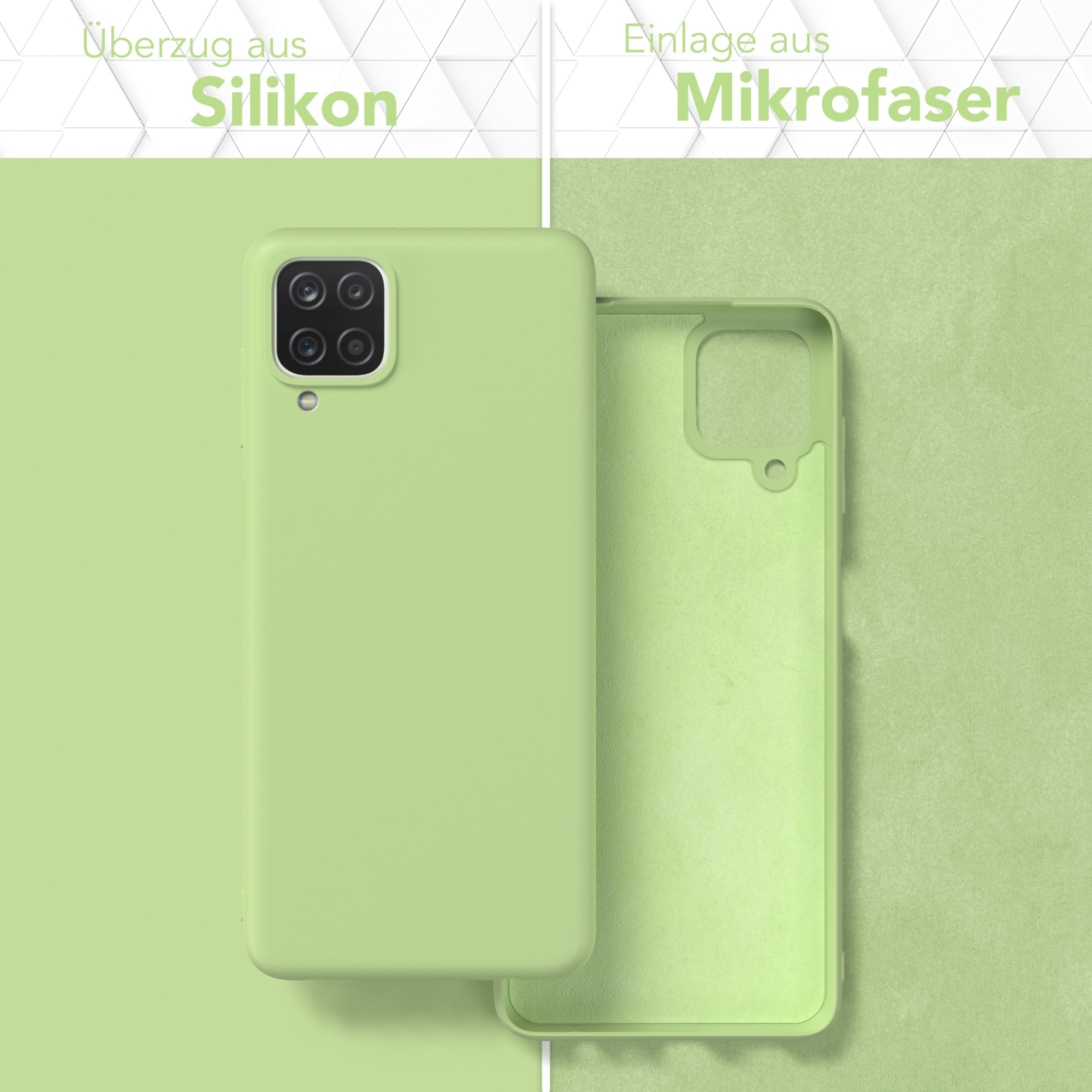 Grünes Telefon, Hülle und Innenseite. Text: Silikonbezug, Mikrofaser-Einsatz. Zwei Hälften einer Handyhülle.