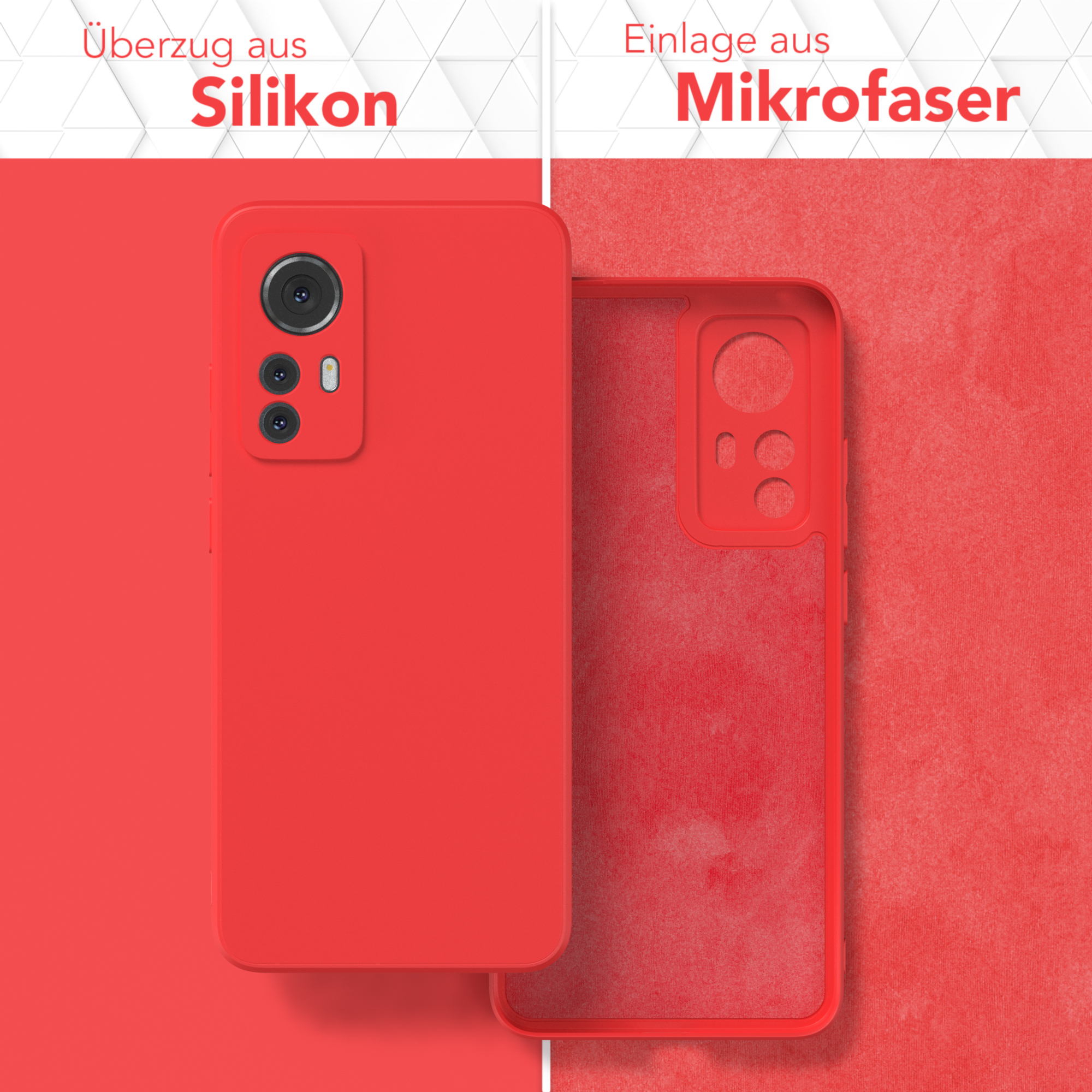 Rote Handyhülle und ihr Inneres. Die Hülle befindet sich auf einem roten Hintergrund. Text besagt Silikon- und Mikrofaser-Materialien.