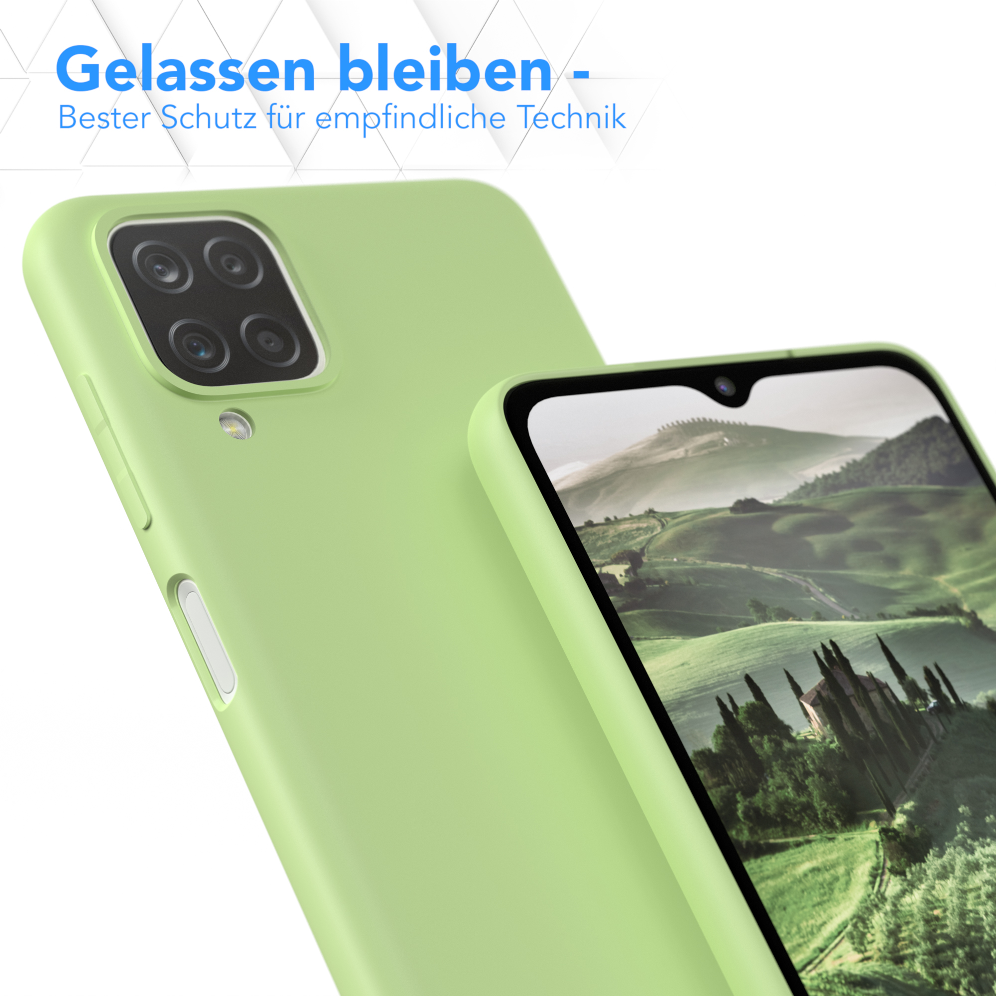 Grüne Handyhülle mit Telefon, mit Landschaftsbild, auf grünem Hintergrund, Nahaufnahme.