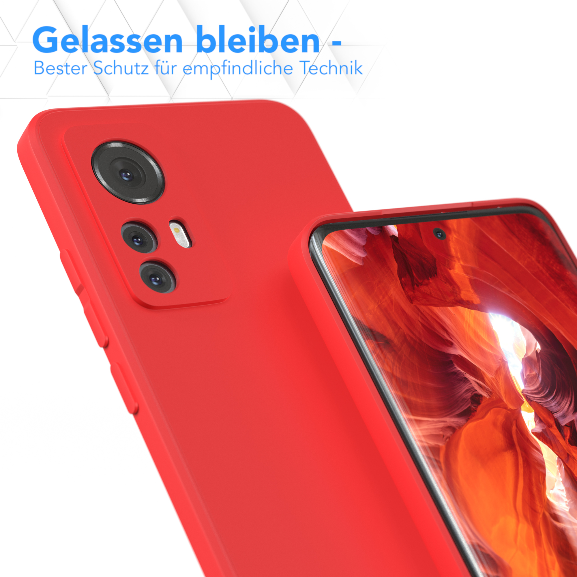 Eine rote Handyhülle vor einem Telefon und seinem Bildschirm.