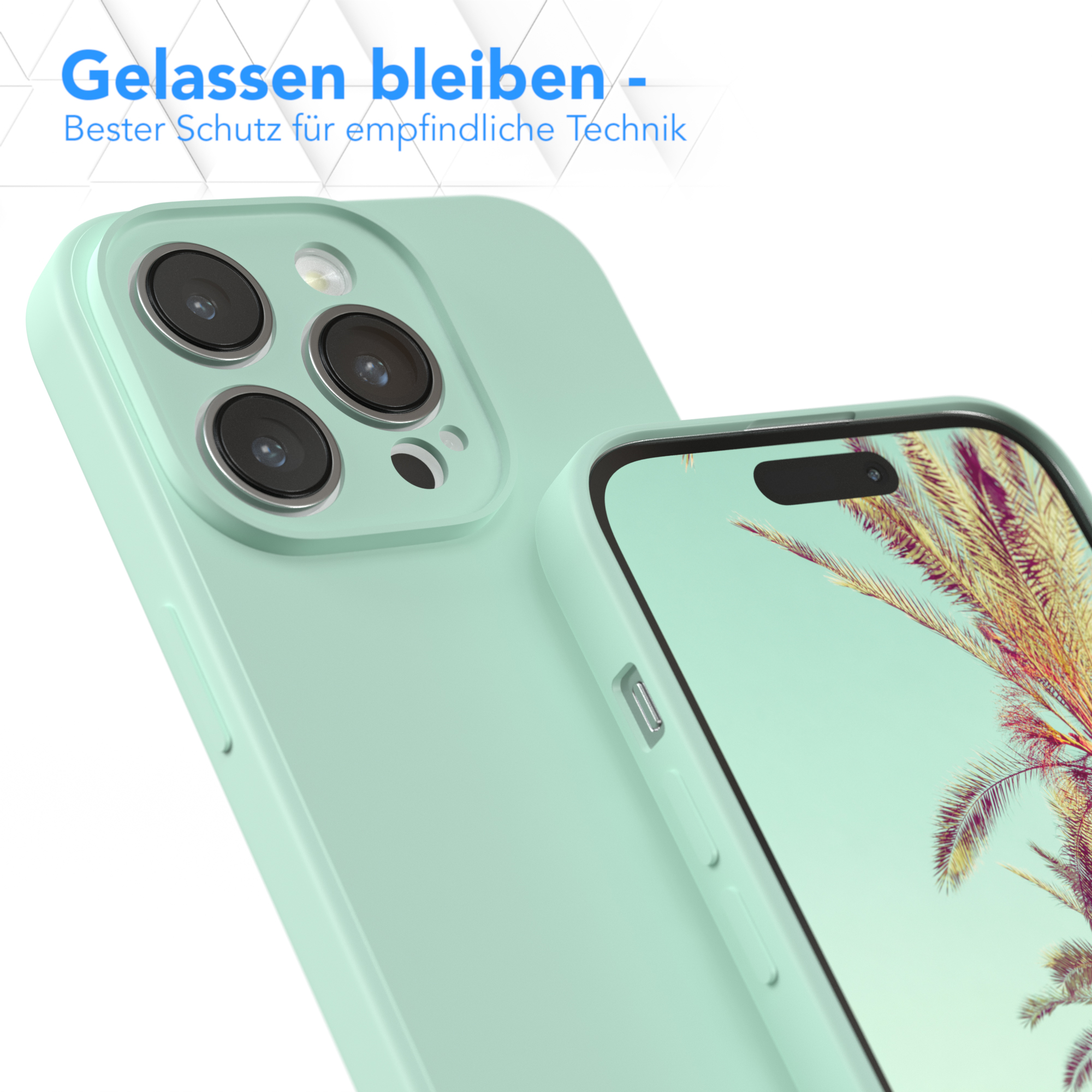 Zwei grüne Handyhüllen, eine zeigt ein Handy mit grünem Hintergrund mit Palmen.