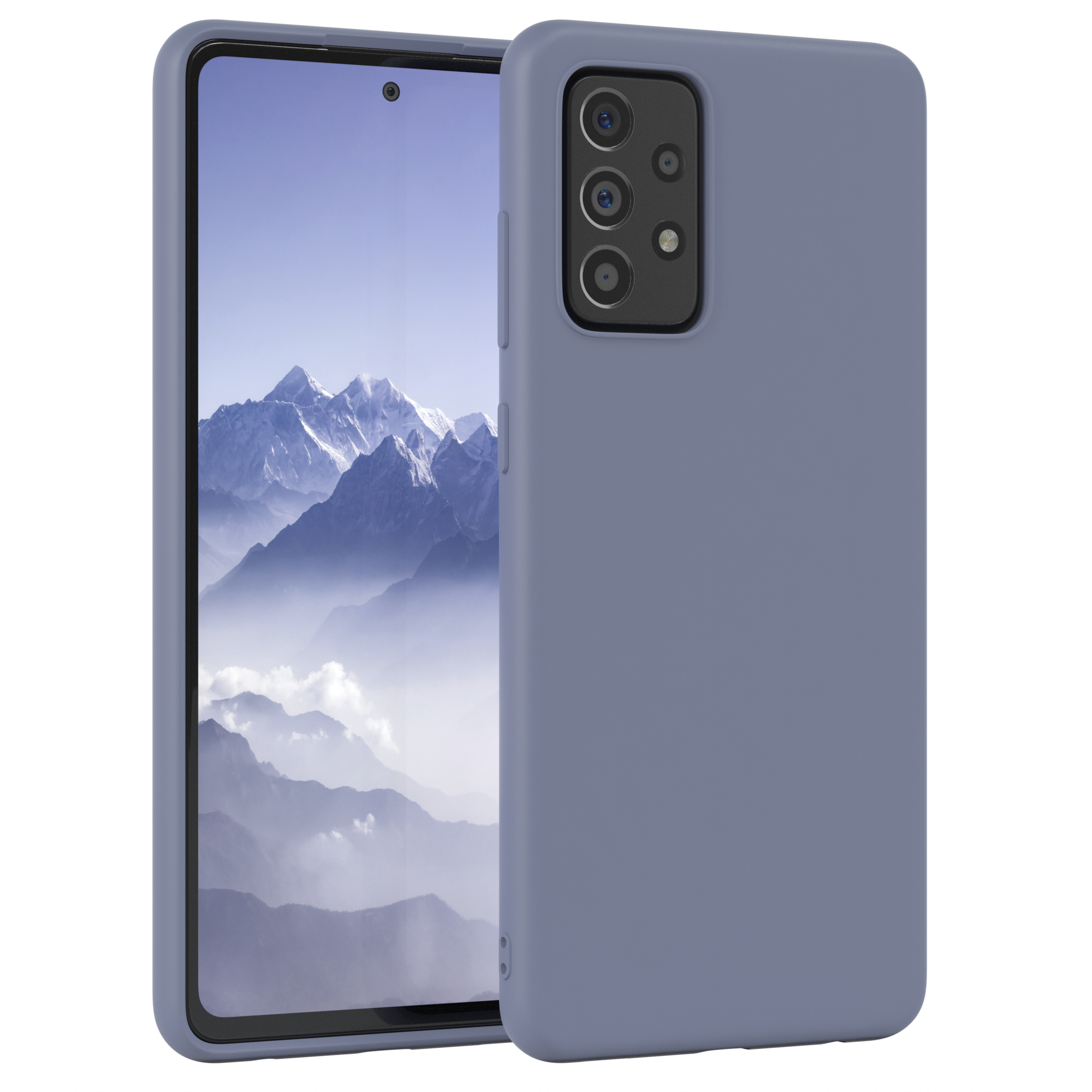 Blaues Telefon und Hülle. Drei Kameralinsen. Das Telefon zeigt blau.