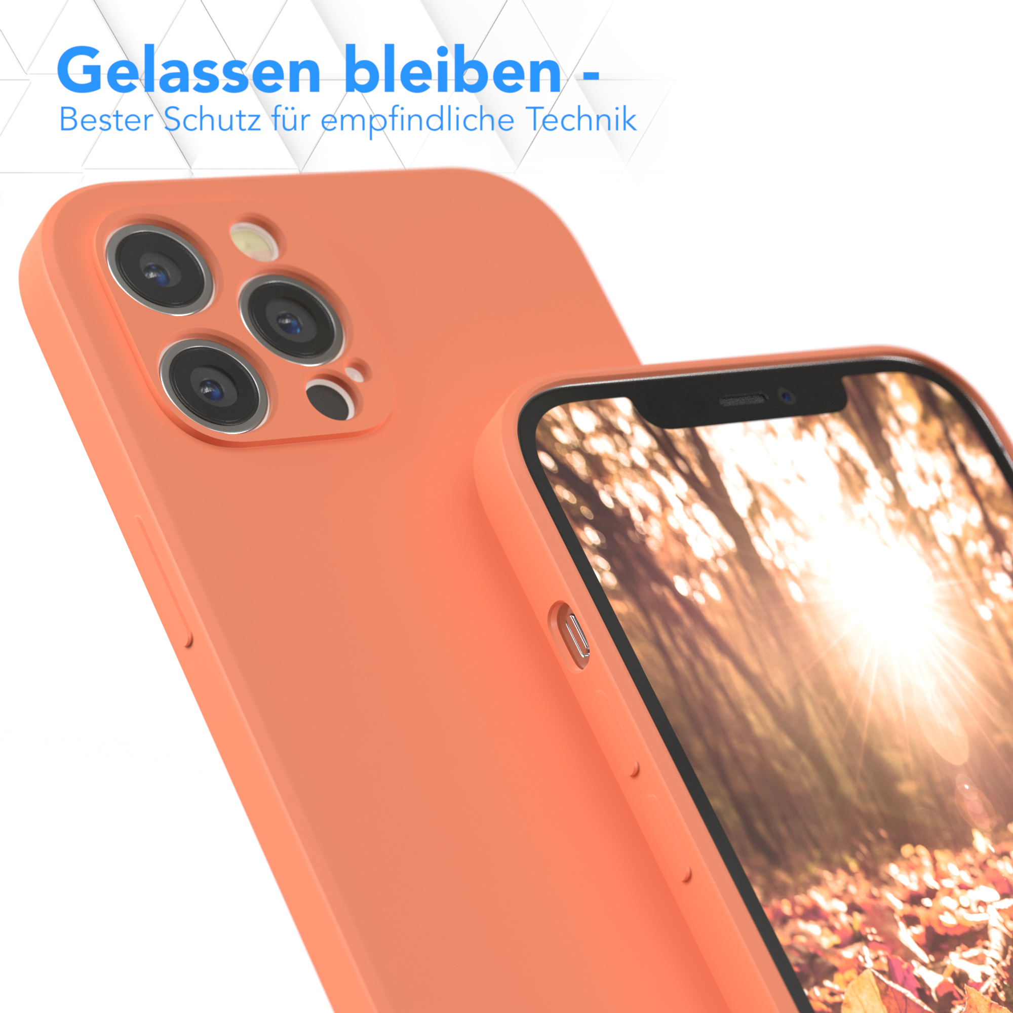 Eine orange Handyhülle vor einem Telefon und seinem Bildschirm.