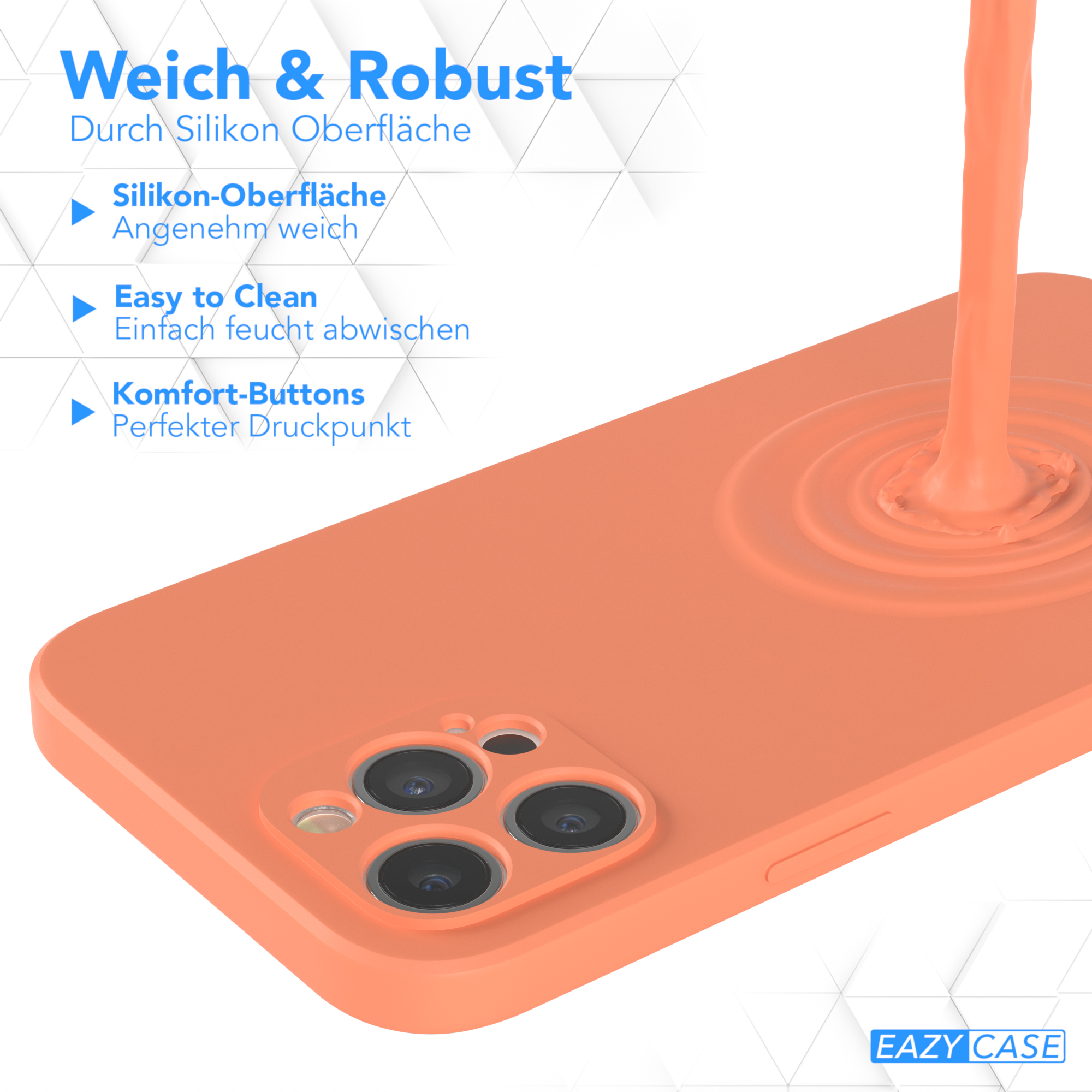Orange Handyhülle mit Flüssigkeit. Text links. Weißer Hintergrund.