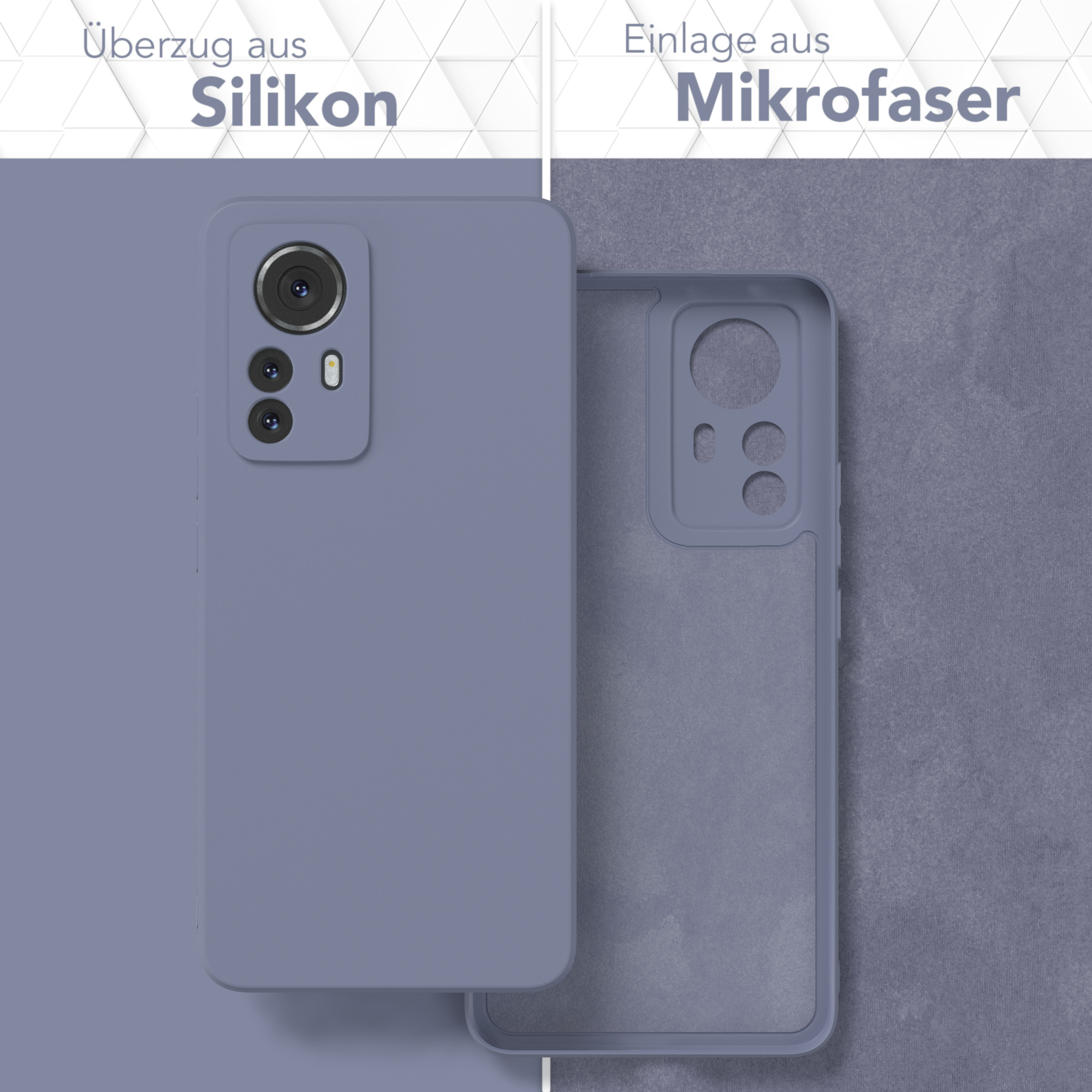 Blaue Handyhülle mit Telefon. Text: Überzug aus Silikon, Einlage aus Mikrofaser. Auf blauem Hintergrund.