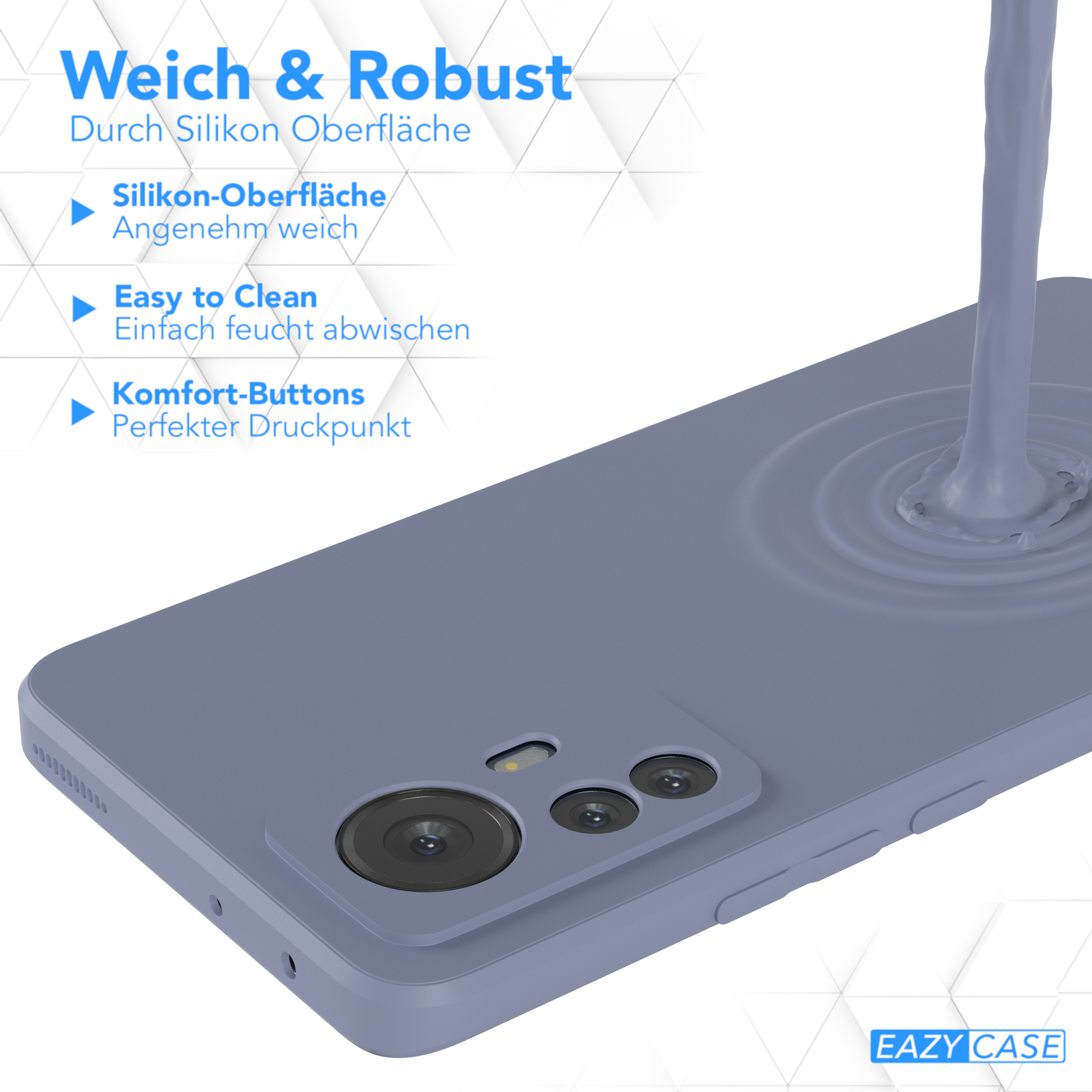 Blaue Handyhülle mit Telefonmodell und Flüssigkeitsspritzer-Effekt.
