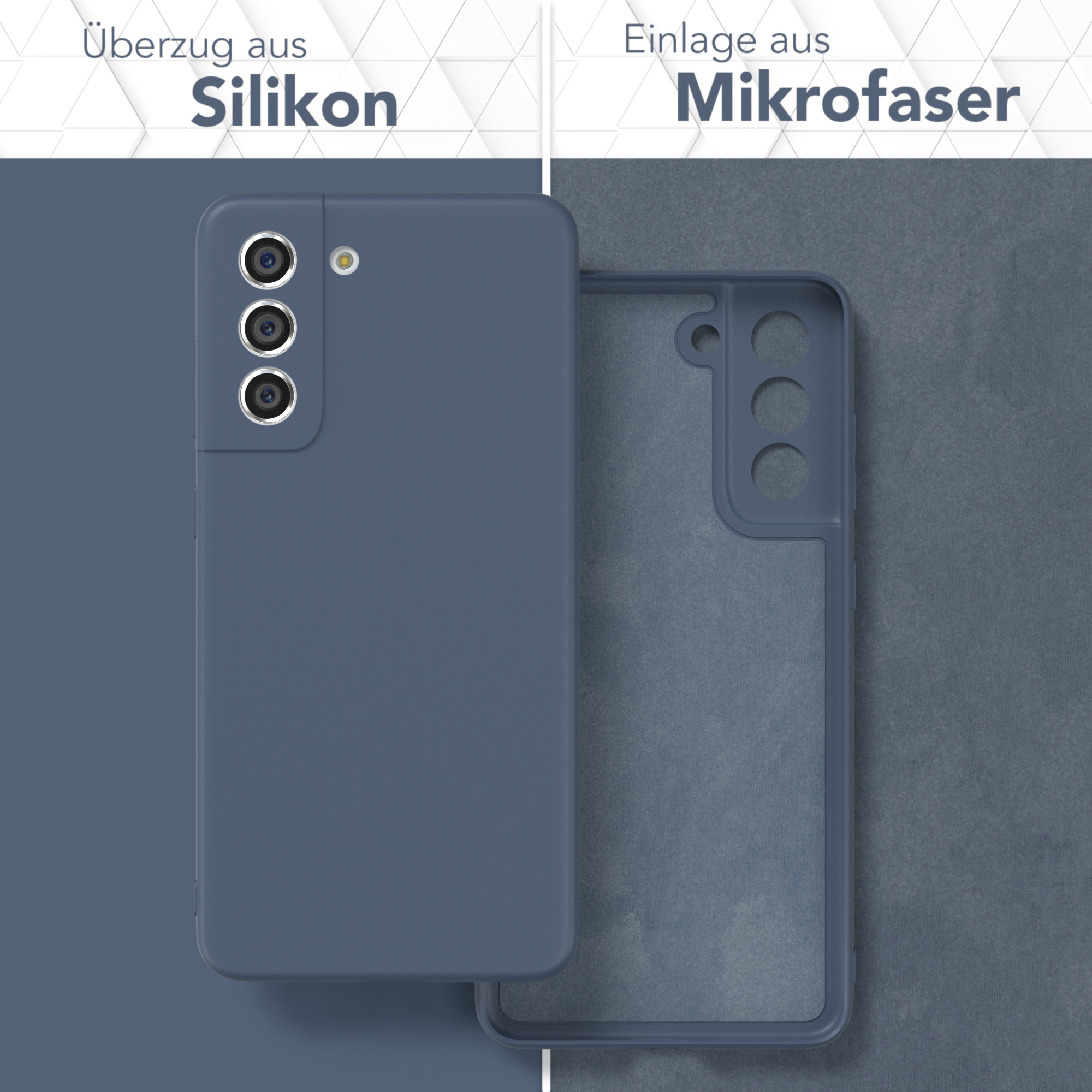 Blaue Handyhülle. Silikon außen, Mikrofaser innen. Text: 'Überzug aus Silikon' und 'Einlage aus Mikrofaser'.