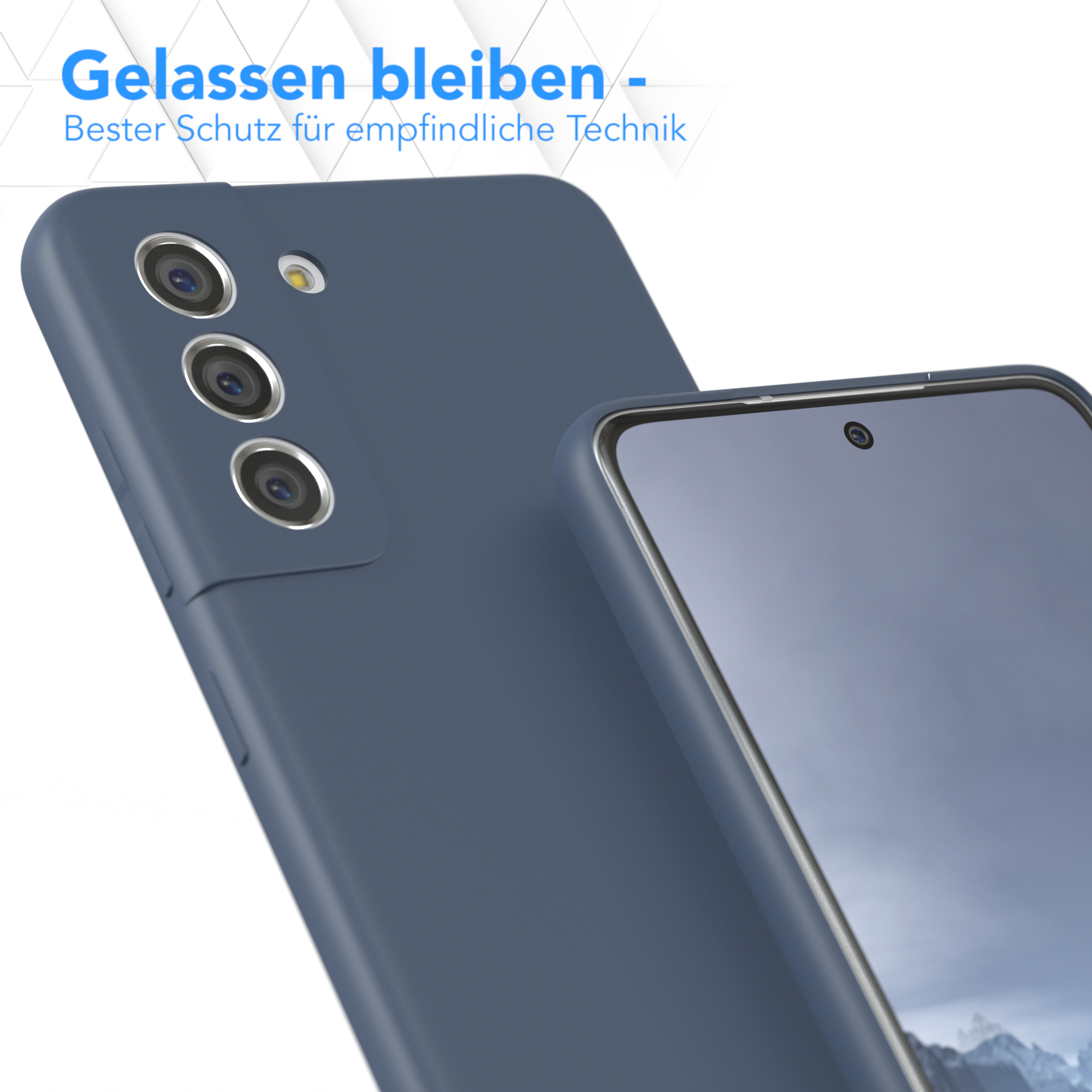 Zwei blaue Telefone, eines mit drei Kameralinsen. Text: Entspannt bleiben - bester Schutz für empfindliche Technik.